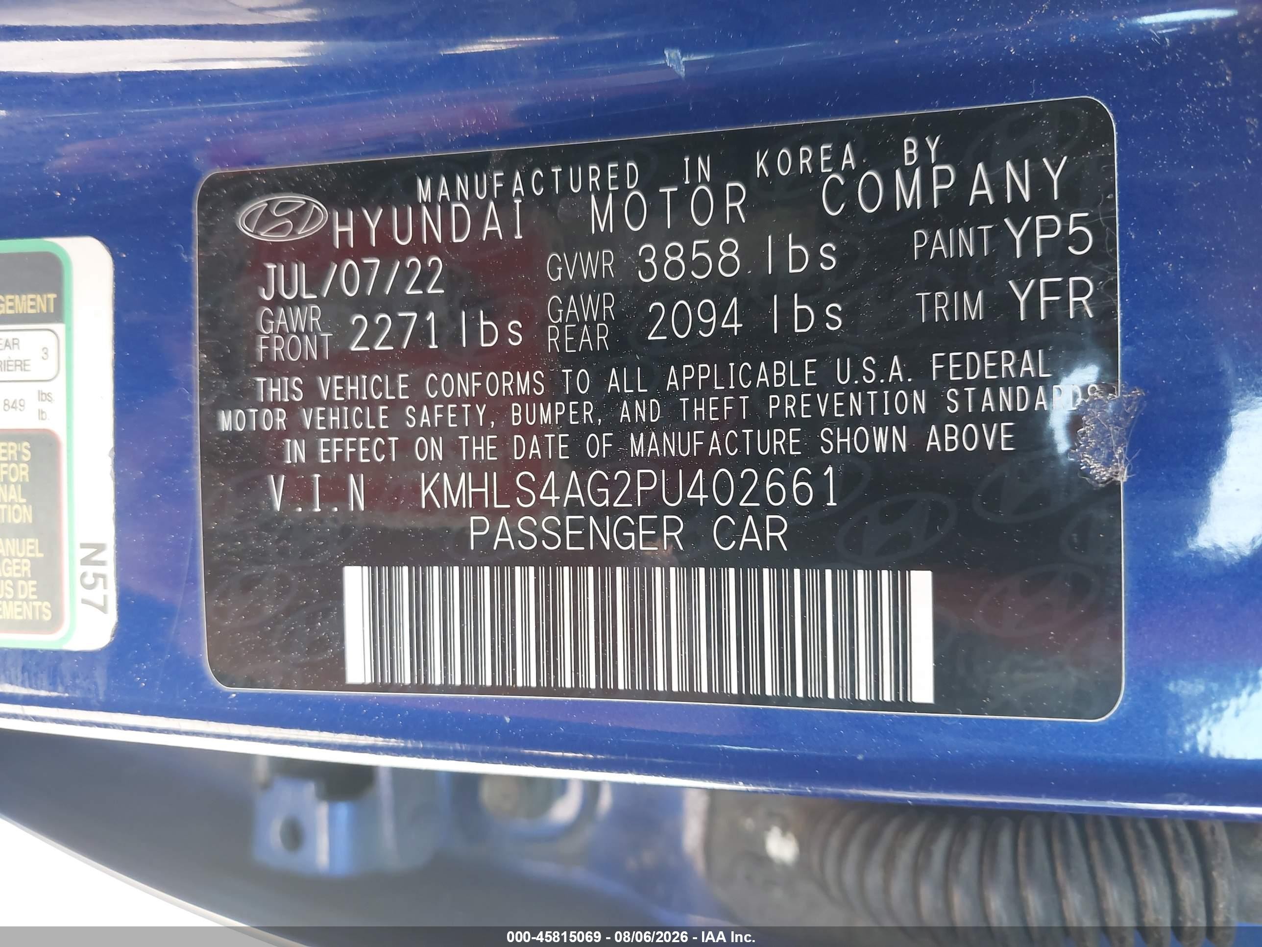 2023 Hyundai Elantra Sel Blue vin: KMHLS4AG2PU402661