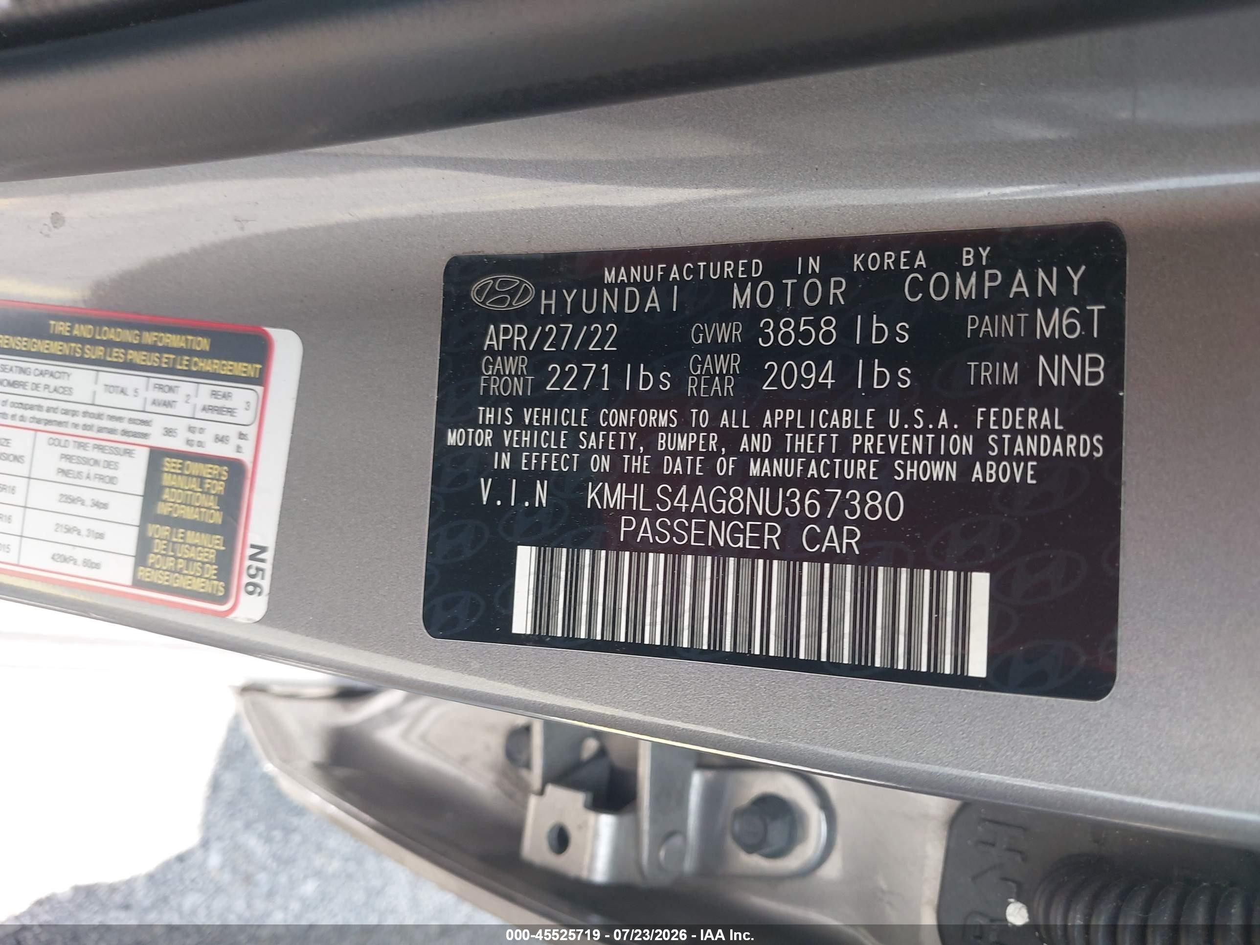 2022 Hyundai Elantra Sel Gray vin: KMHLS4AG8NU367380