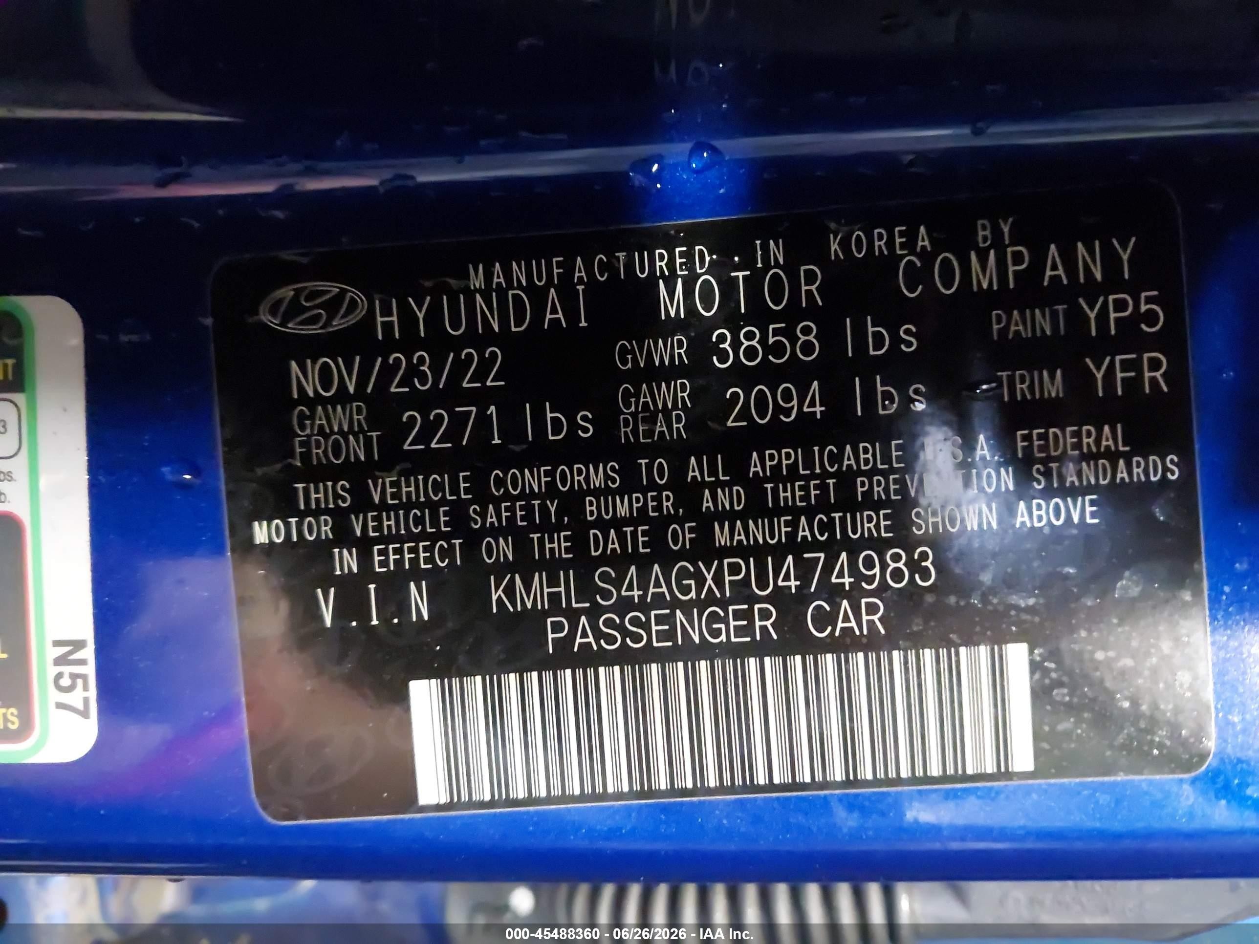 2023 Hyundai Elantra Sel Black vin: KMHLS4AGXPU474983