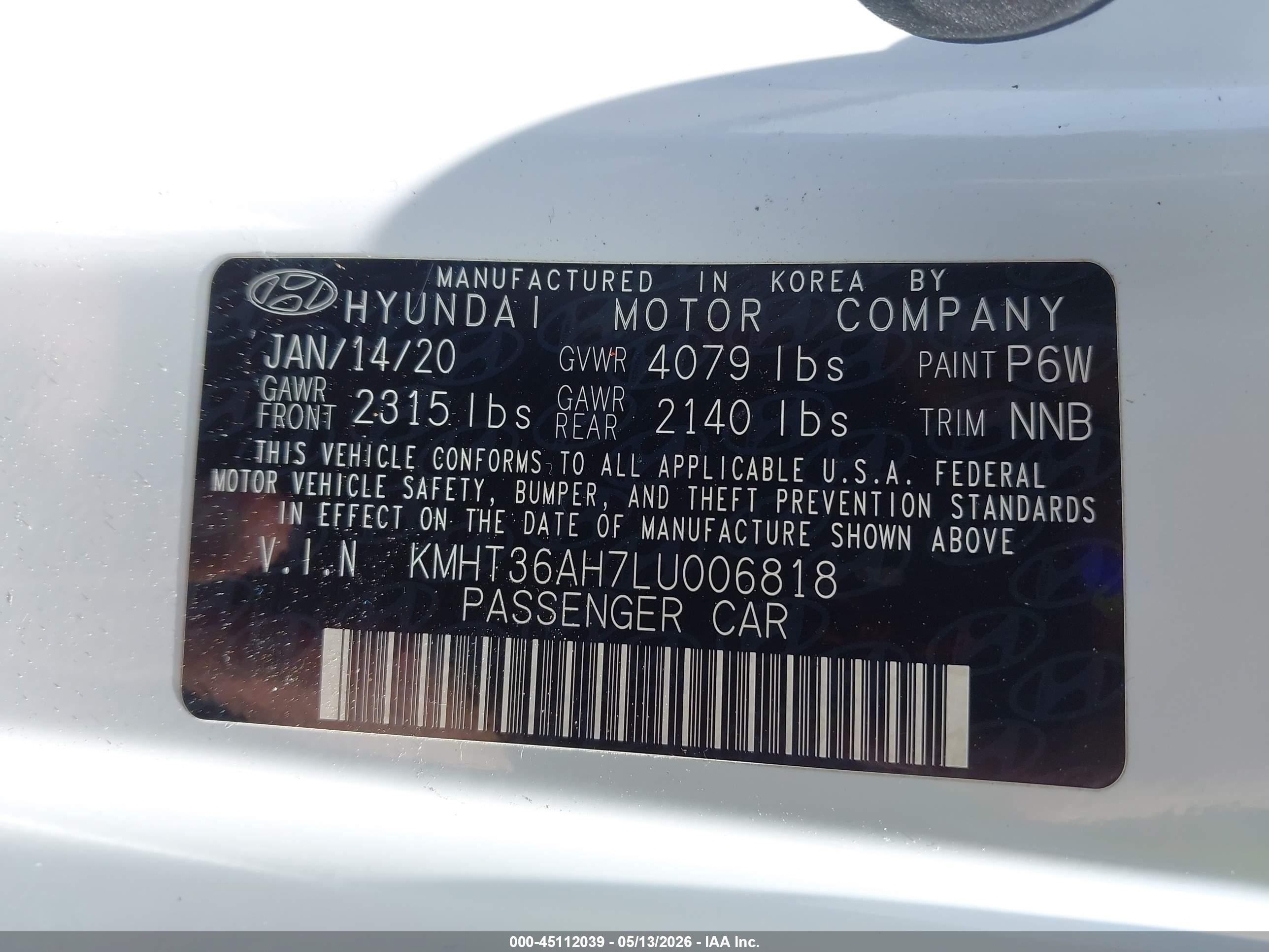2020 Hyundai Veloster N   White vin: KMHT36AH7LU006818