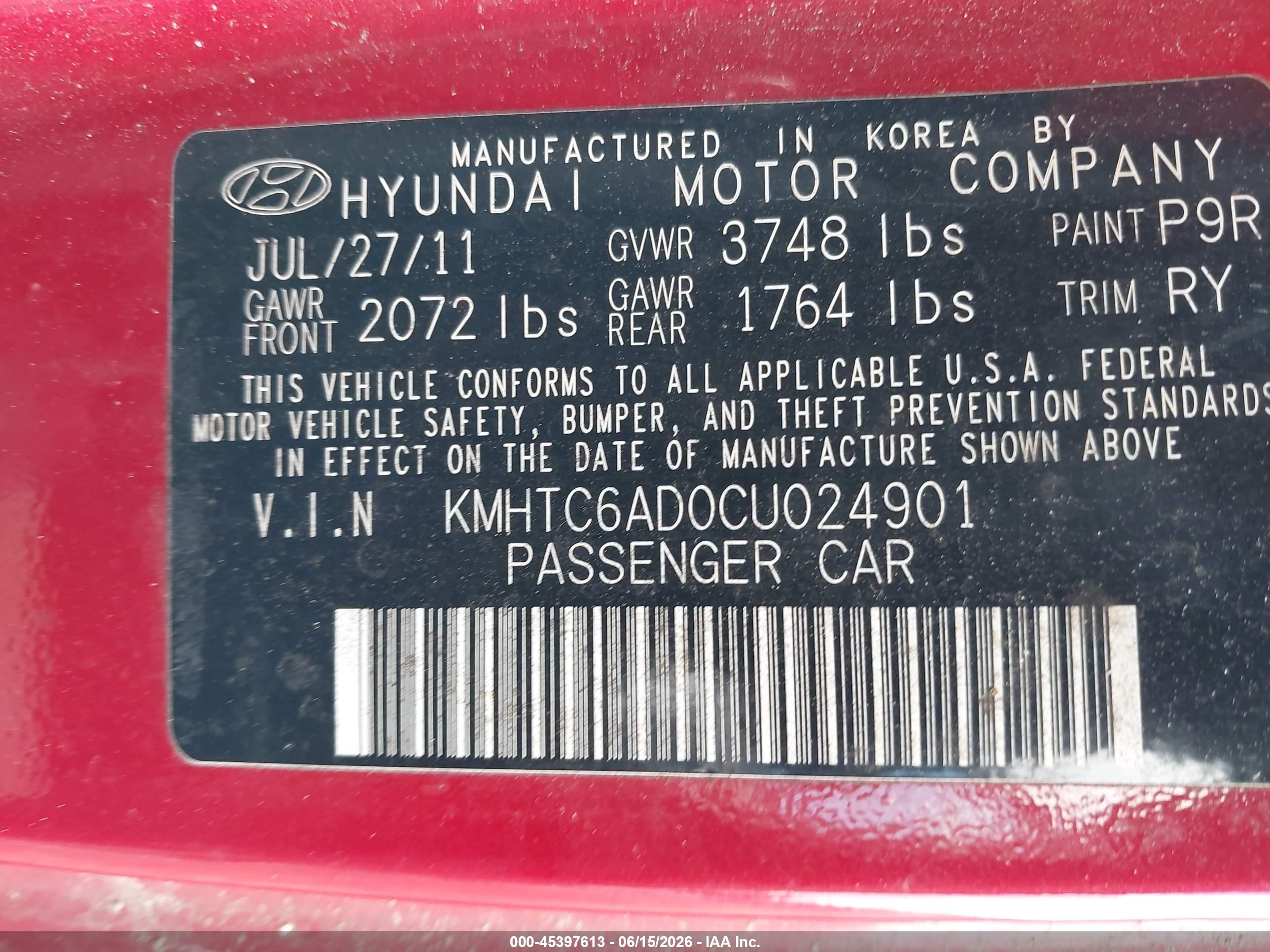 2012 Hyundai Veloster Base W/gray Red vin: KMHTC6AD0CU024901