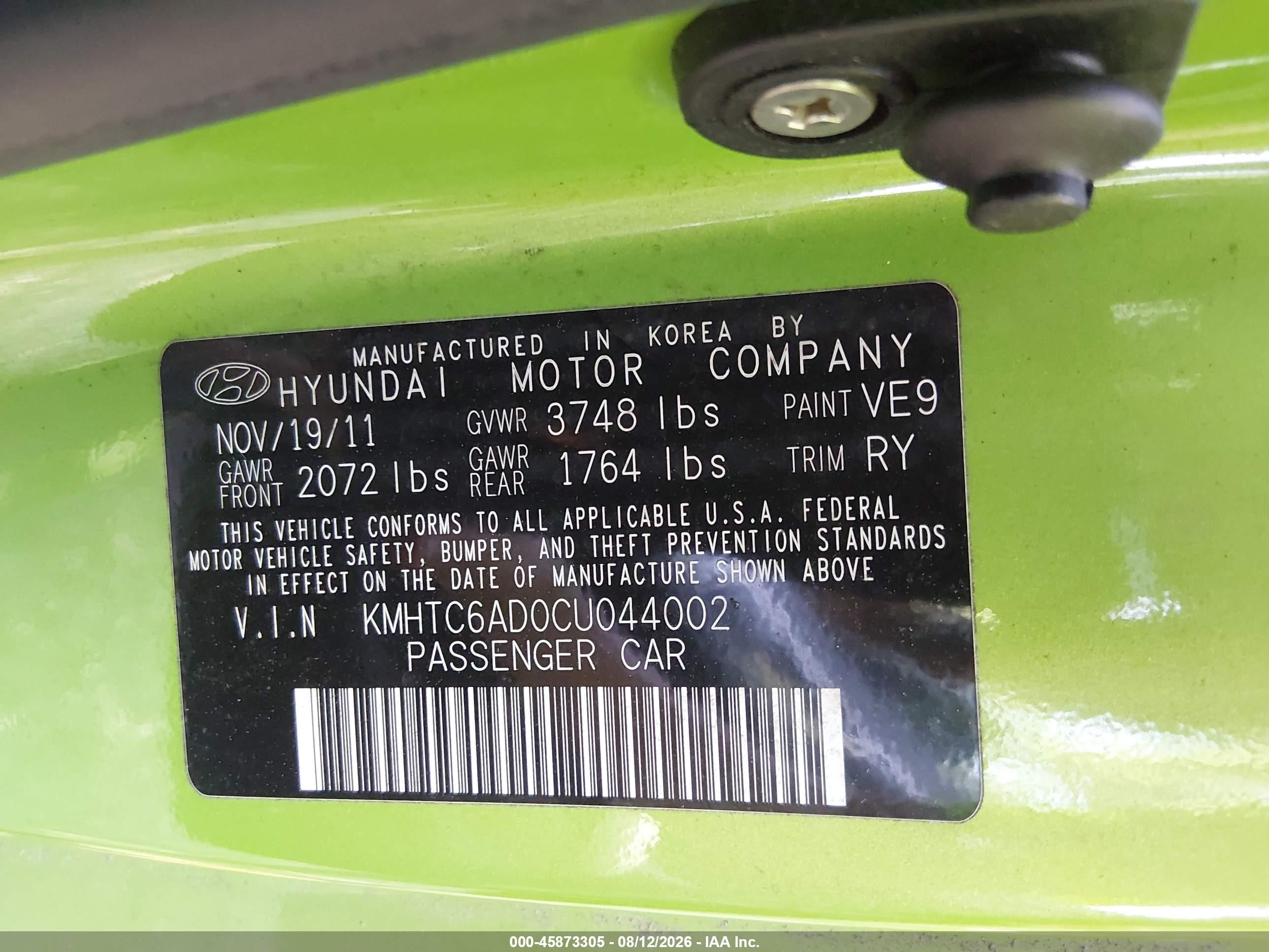 2012 Hyundai Veloster Base W/black Green vin: KMHTC6AD0CU044002