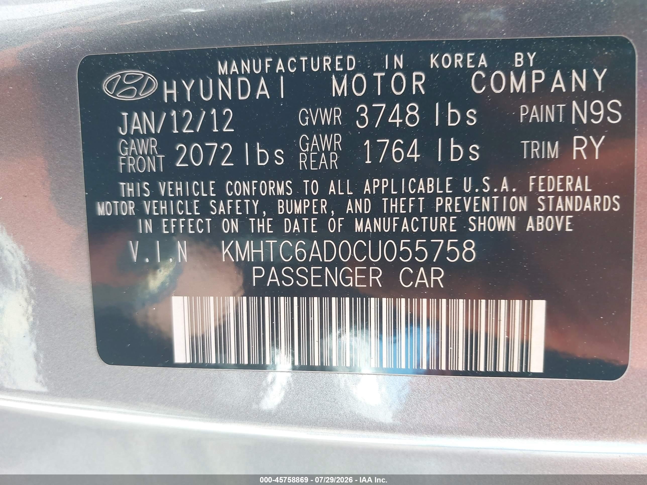 2012 Hyundai Veloster Base W/black Gray vin: KMHTC6AD0CU055758
