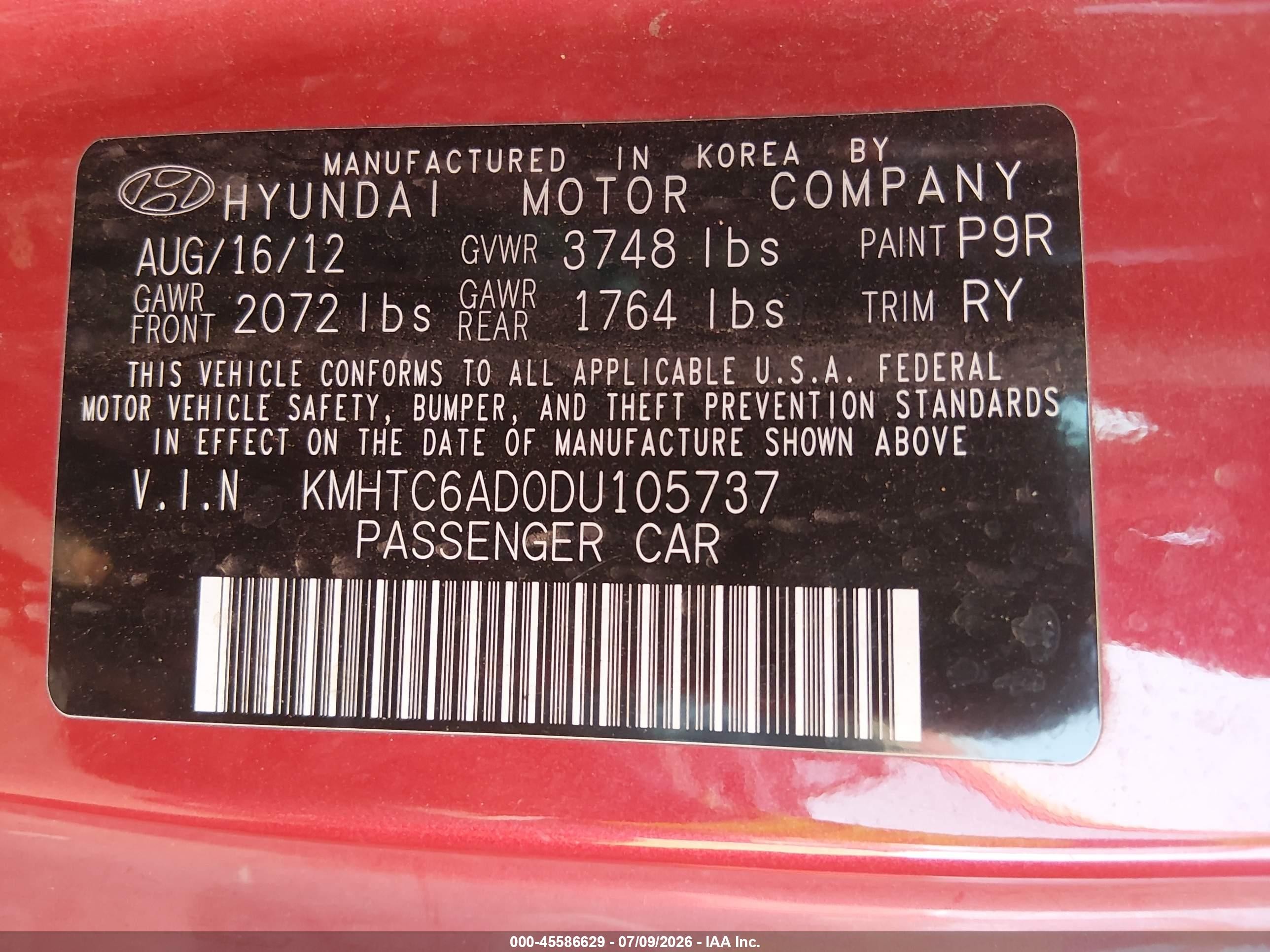 2013 Hyundai Veloster Base W/black Red vin: KMHTC6AD0DU105737