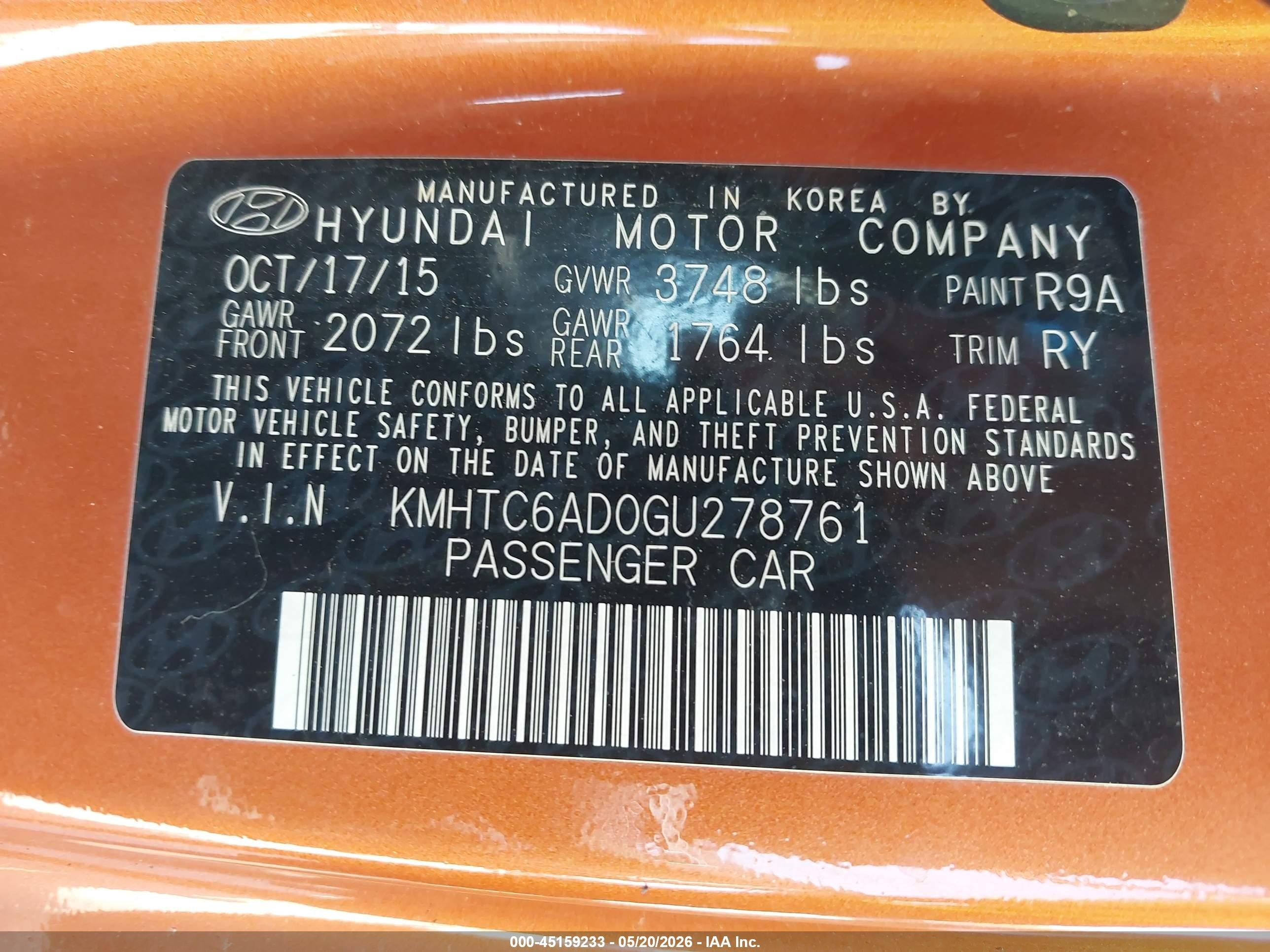 2016 Hyundai Veloster   Оранжевый vin: KMHTC6AD0GU278761