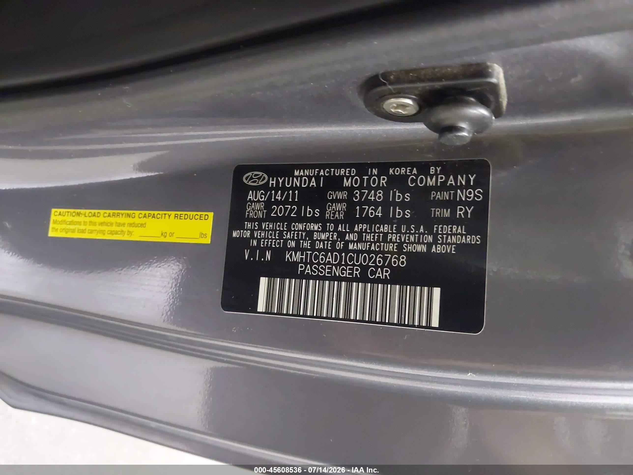 2012 Hyundai Veloster Base W/black Gray vin: KMHTC6AD1CU026768