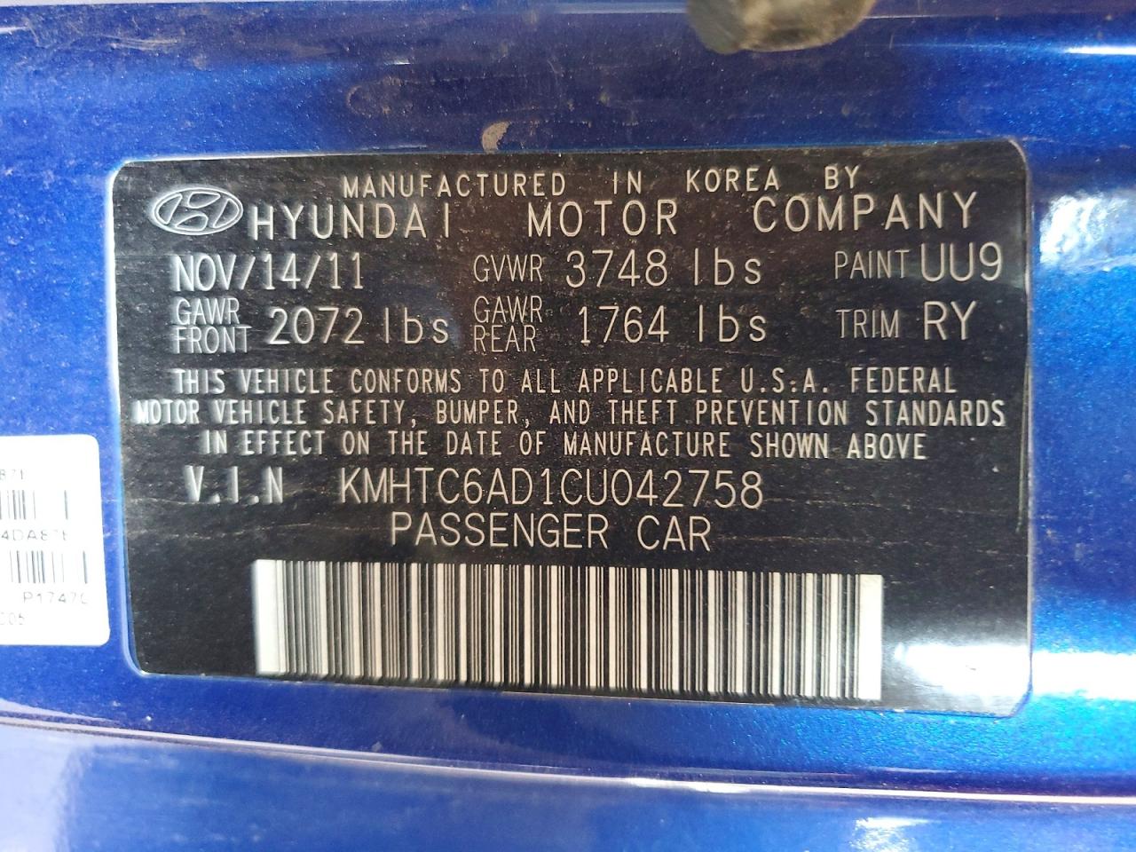 2012 Hyundai Veloster Base Blue vin: KMHTC6AD1CU042758