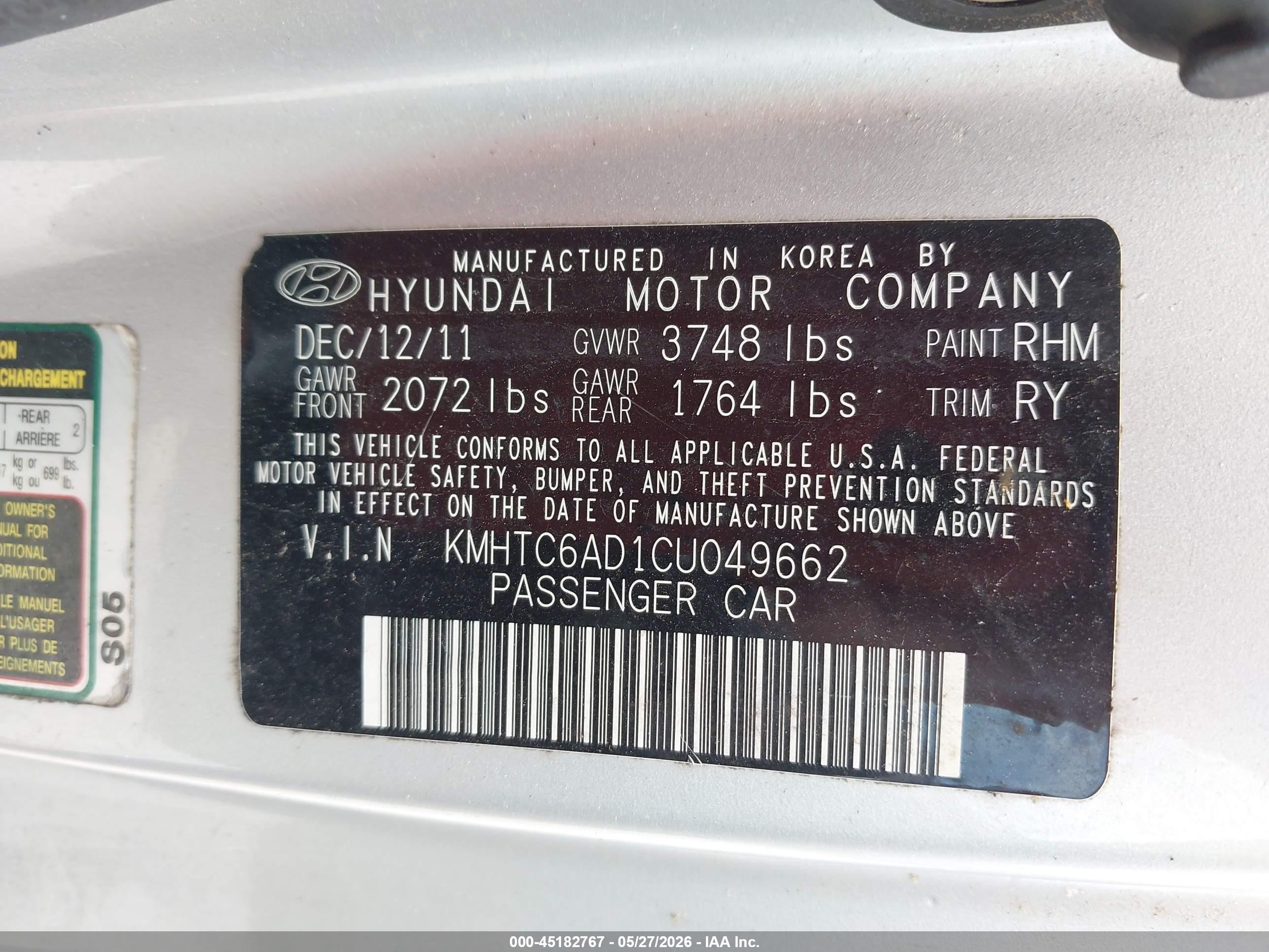 2012 Hyundai Veloster Base W/gray Silver vin: KMHTC6AD1CU049662