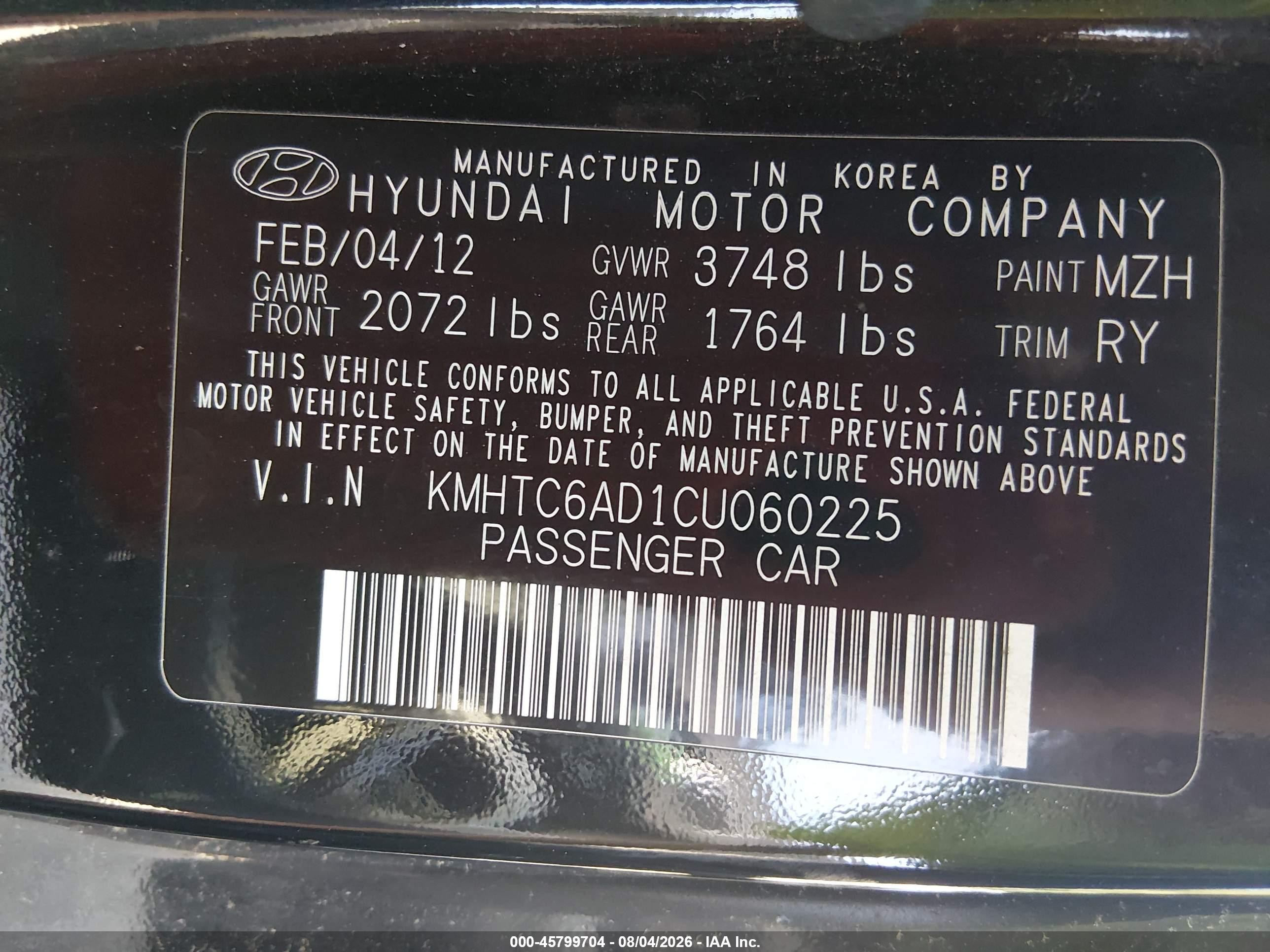 2012 Hyundai Veloster Base W/gray Black vin: KMHTC6AD1CU060225