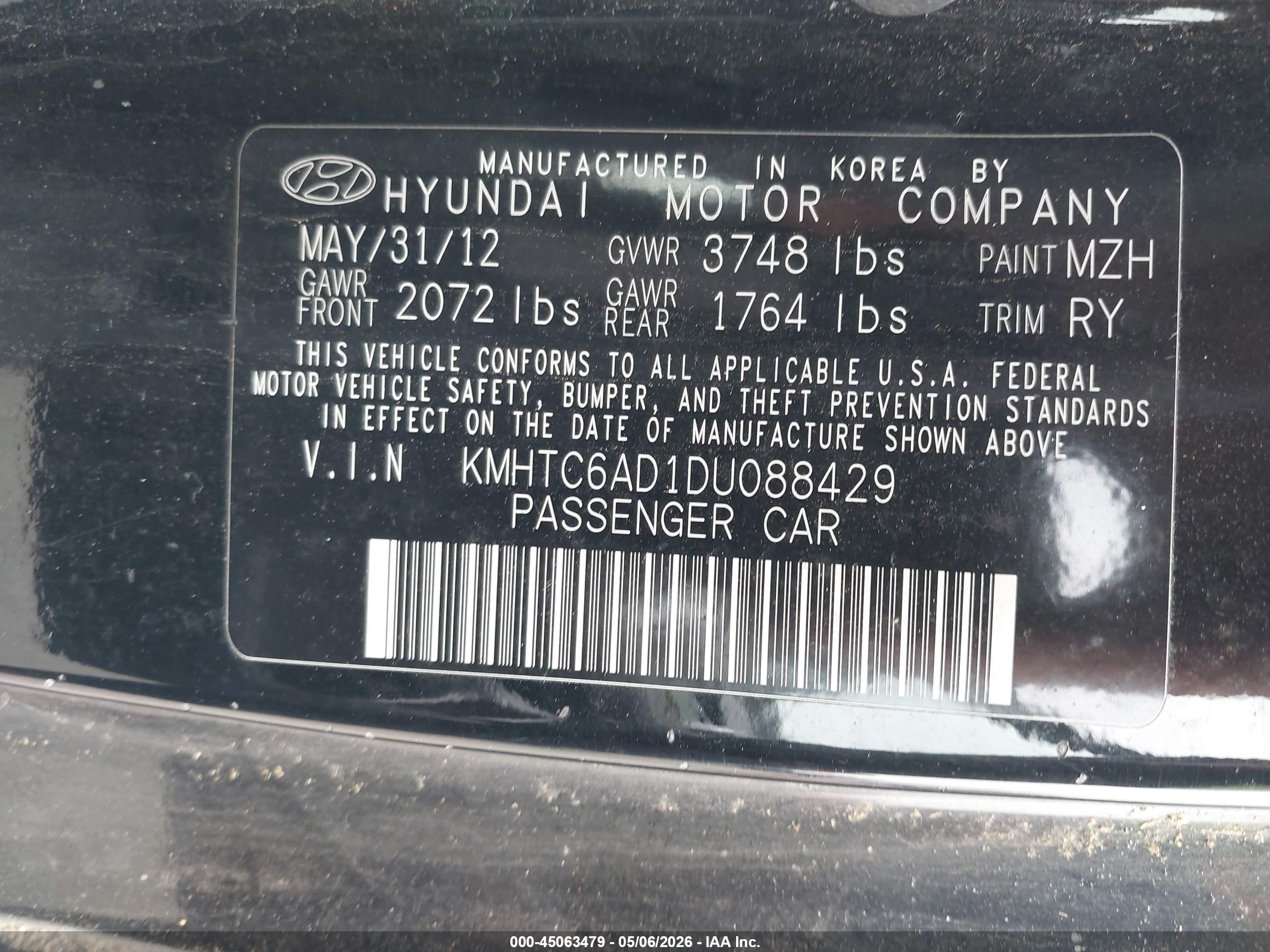 2013 Hyundai Veloster Base W/gray Black vin: KMHTC6AD1DU088429