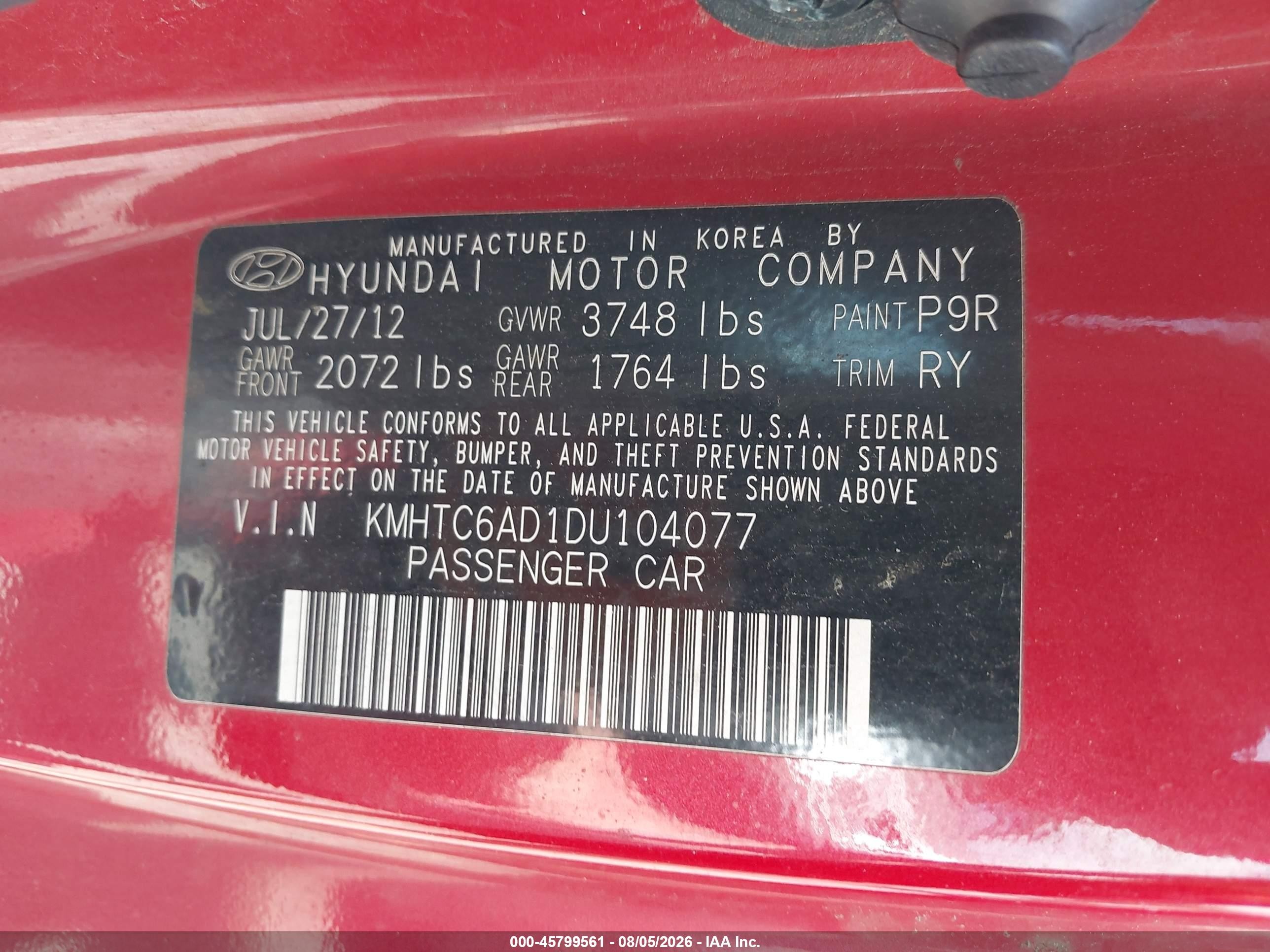 2013 Hyundai Veloster Base W/gray Red vin: KMHTC6AD1DU104077