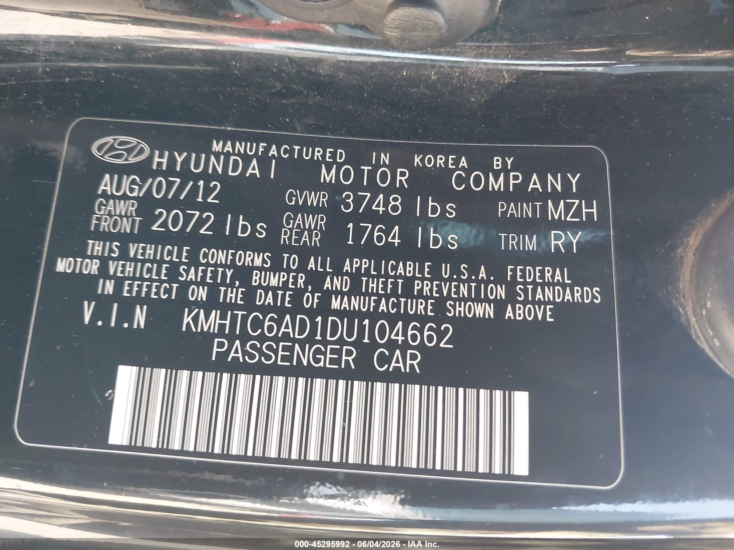 2013 Hyundai Veloster Base W/gray Black vin: KMHTC6AD1DU104662