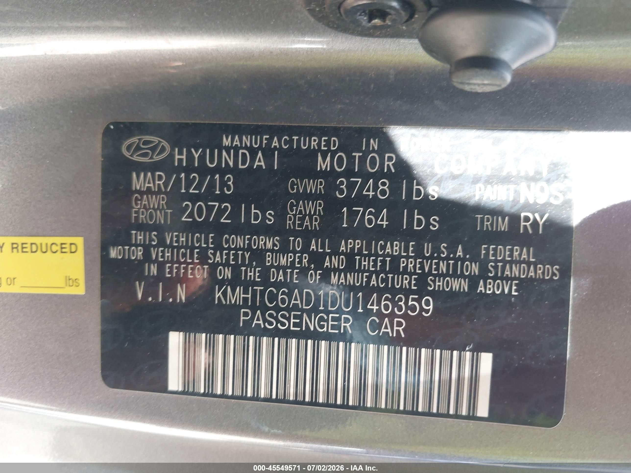 2013 Hyundai Veloster Base W/black Gray vin: KMHTC6AD1DU146359