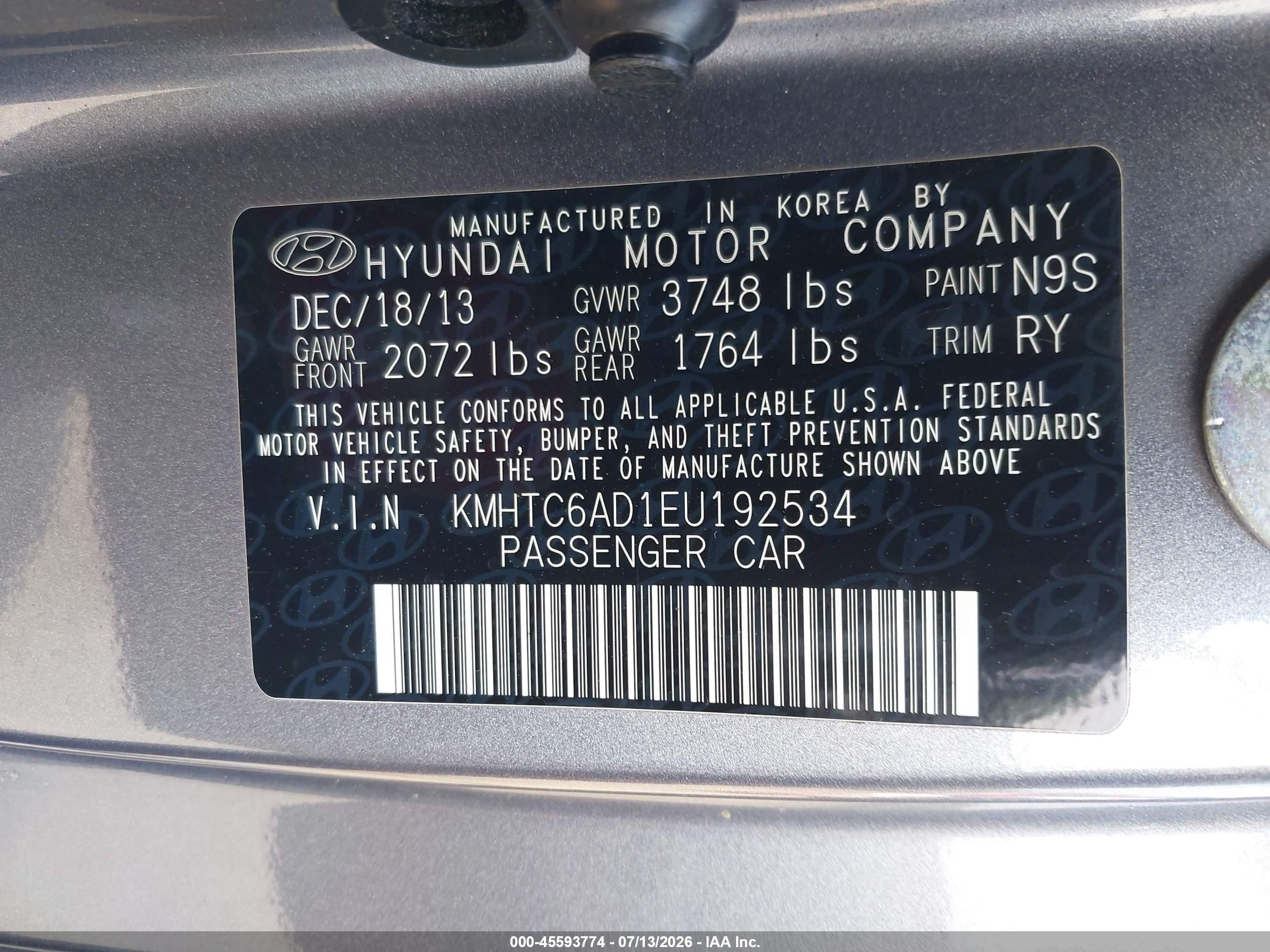 2014 Hyundai Veloster Base W/black Gray vin: KMHTC6AD1EU192534
