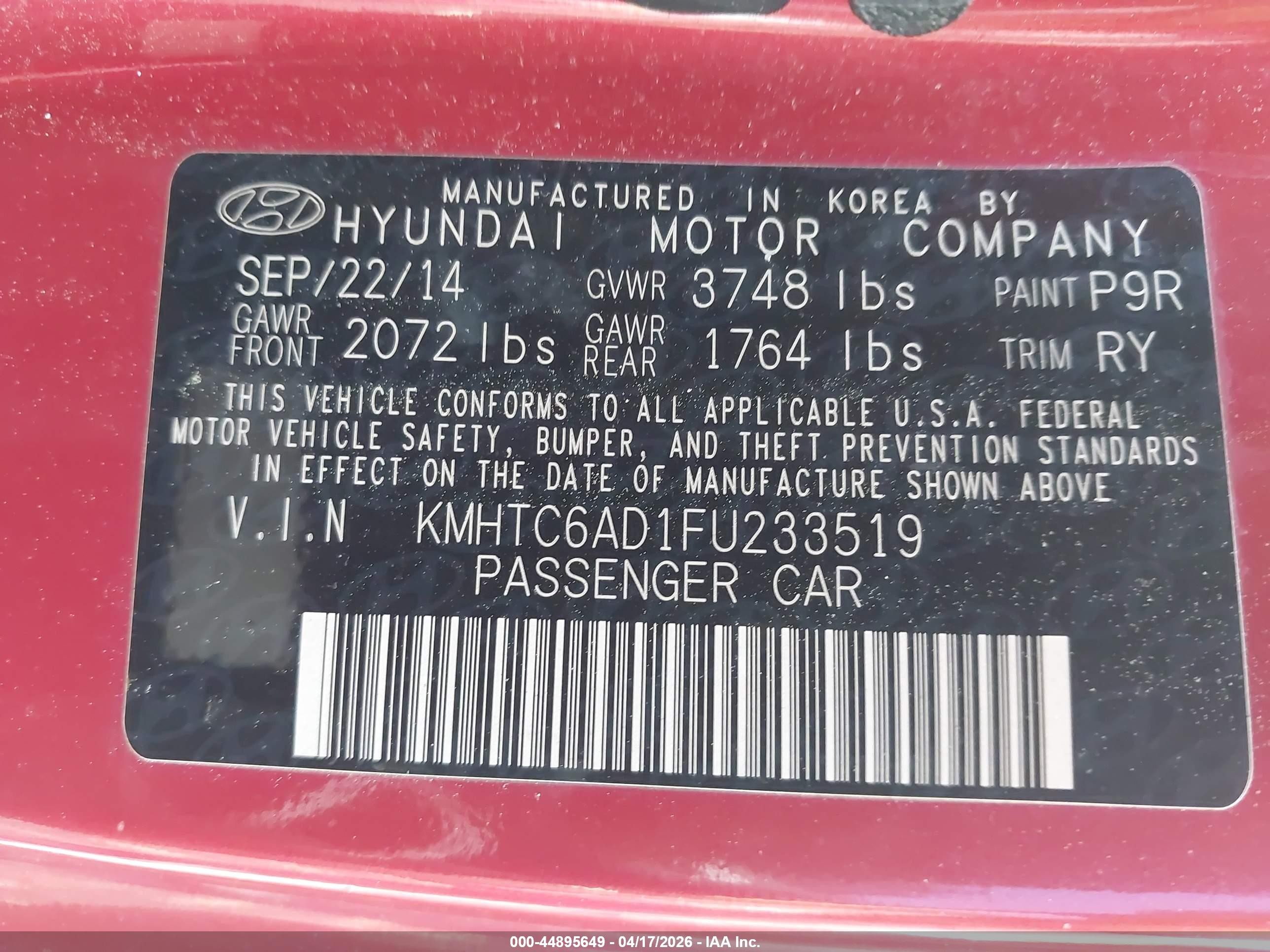2015 Hyundai Veloster   Red vin: KMHTC6AD1FU233519