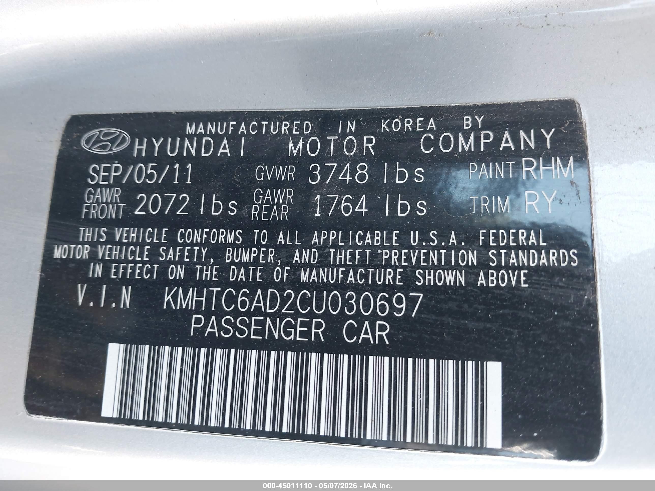 2012 Hyundai Veloster Base W/black Silver vin: KMHTC6AD2CU030697