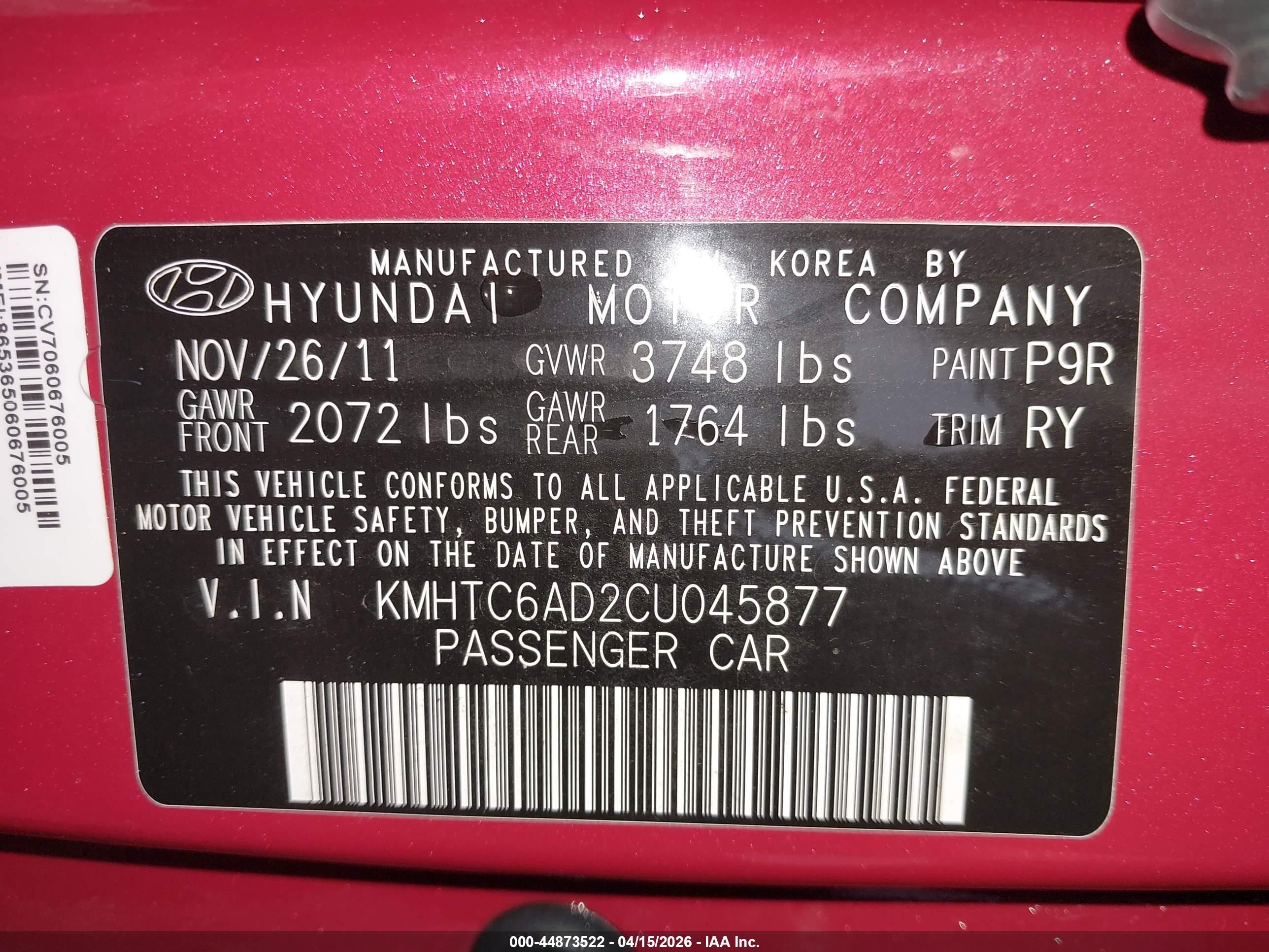 2012 Hyundai Veloster Base W/gray Red vin: KMHTC6AD2CU045877