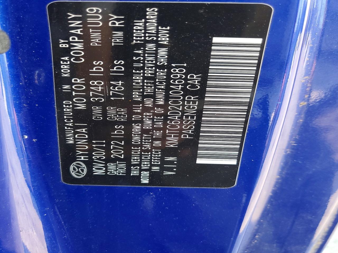2012 Hyundai Veloster Base Blue vin: KMHTC6AD2CU046981