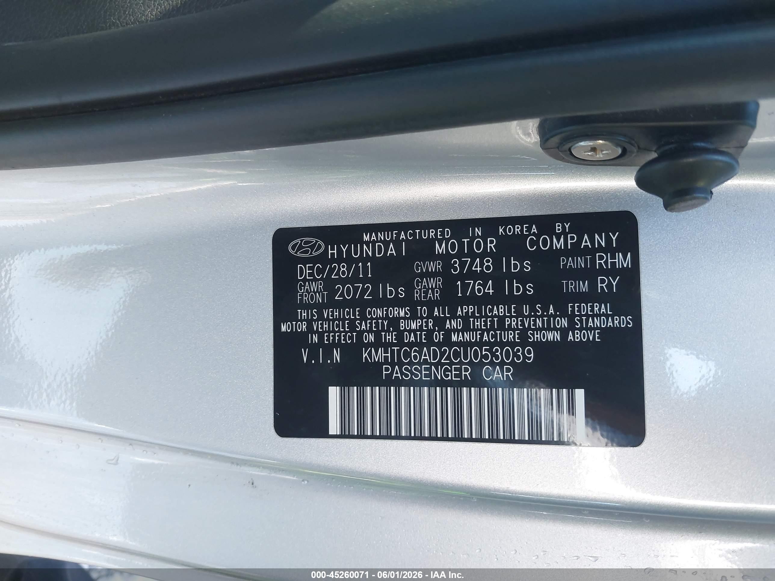 2012 Hyundai Veloster Base W/gray Silver vin: KMHTC6AD2CU053039