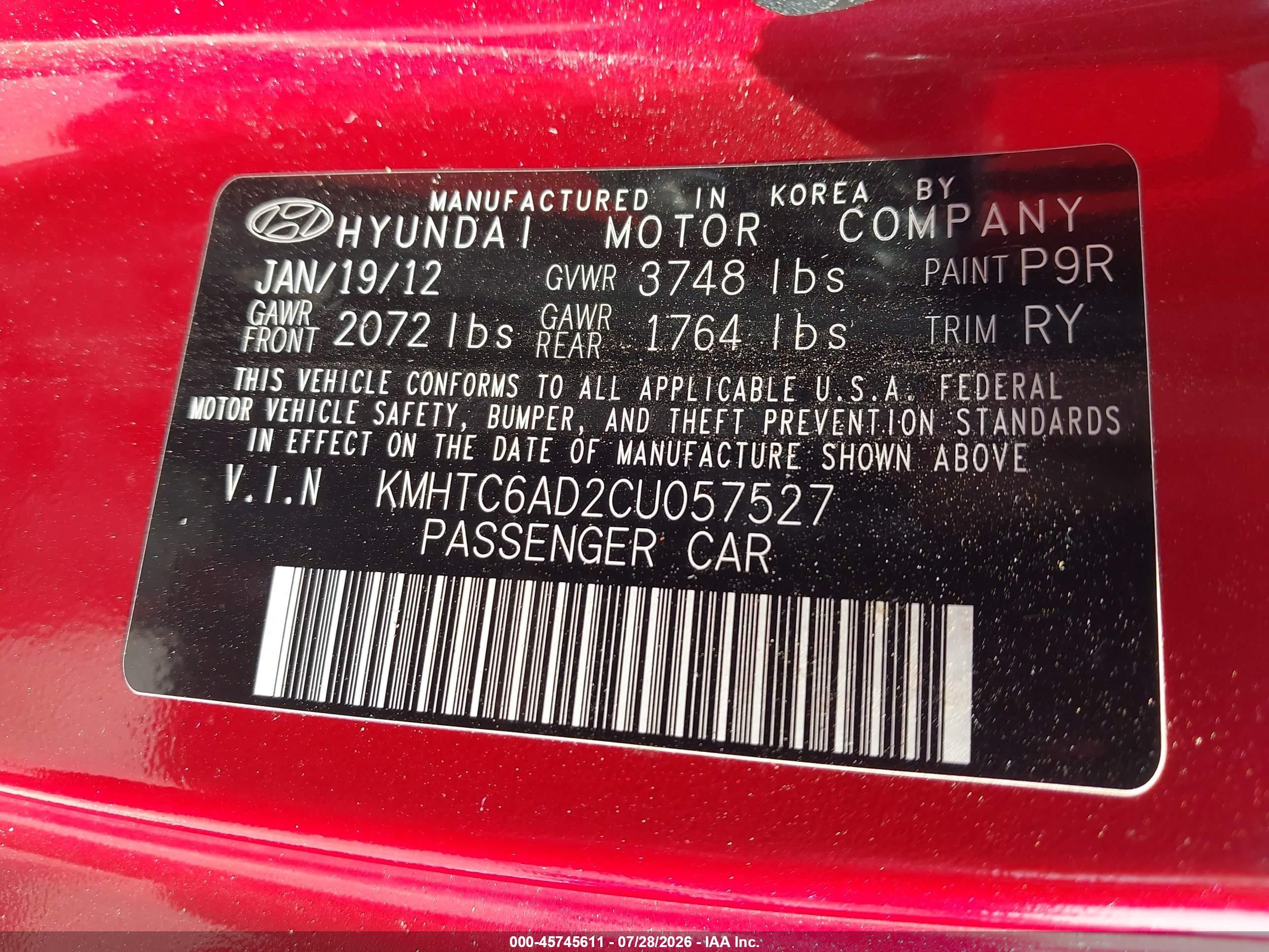 2012 Hyundai Veloster Base W/gray Red vin: KMHTC6AD2CU057527