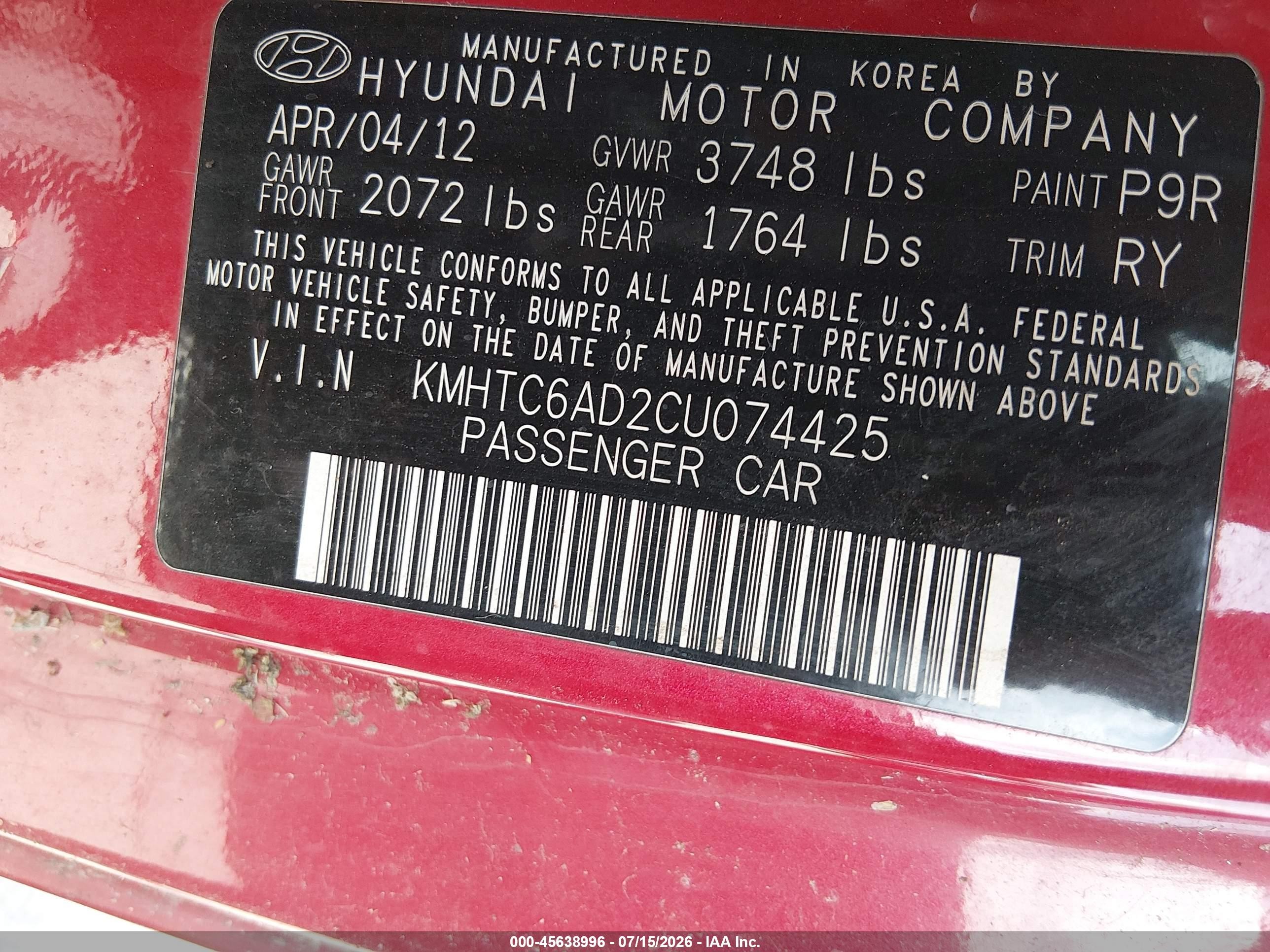 2012 Hyundai Veloster Base W/gray Red vin: KMHTC6AD2CU074425