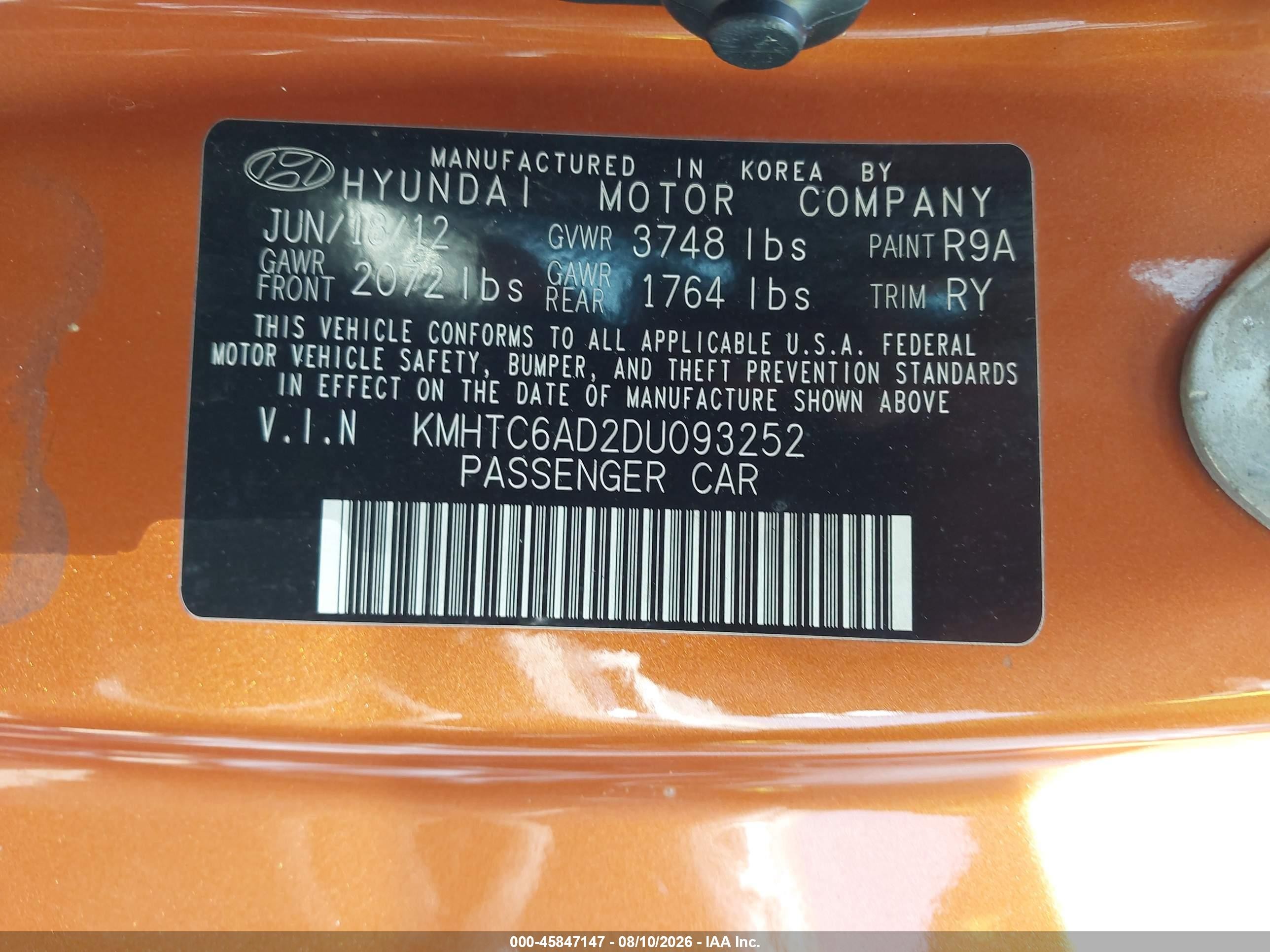 2013 Hyundai Veloster Base W/black Orange vin: KMHTC6AD2DU093252