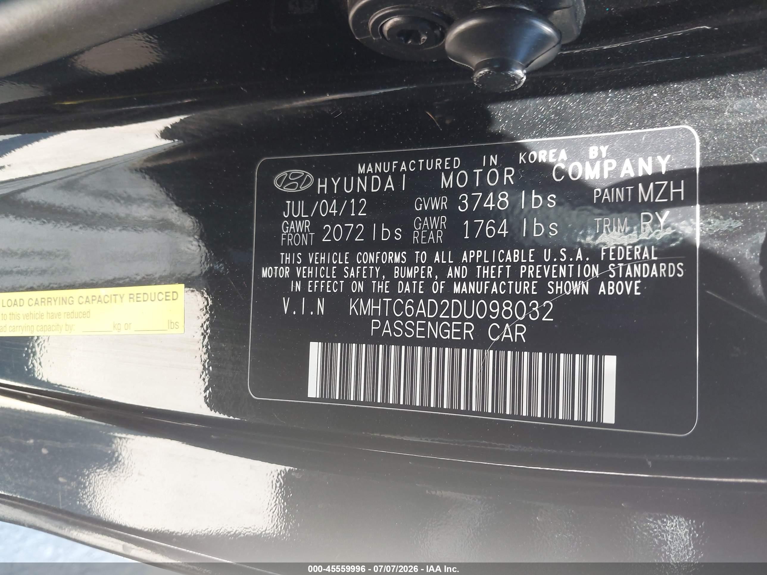 2013 Hyundai Veloster Base W/gray Black vin: KMHTC6AD2DU098032