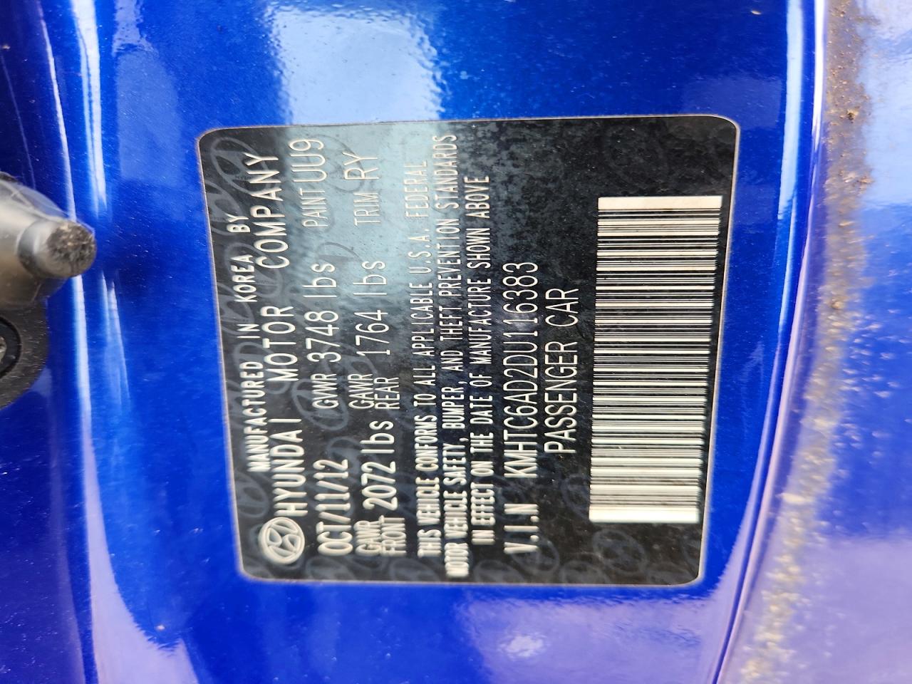 2013 Hyundai Veloster Base Blue vin: KMHTC6AD2DU116383