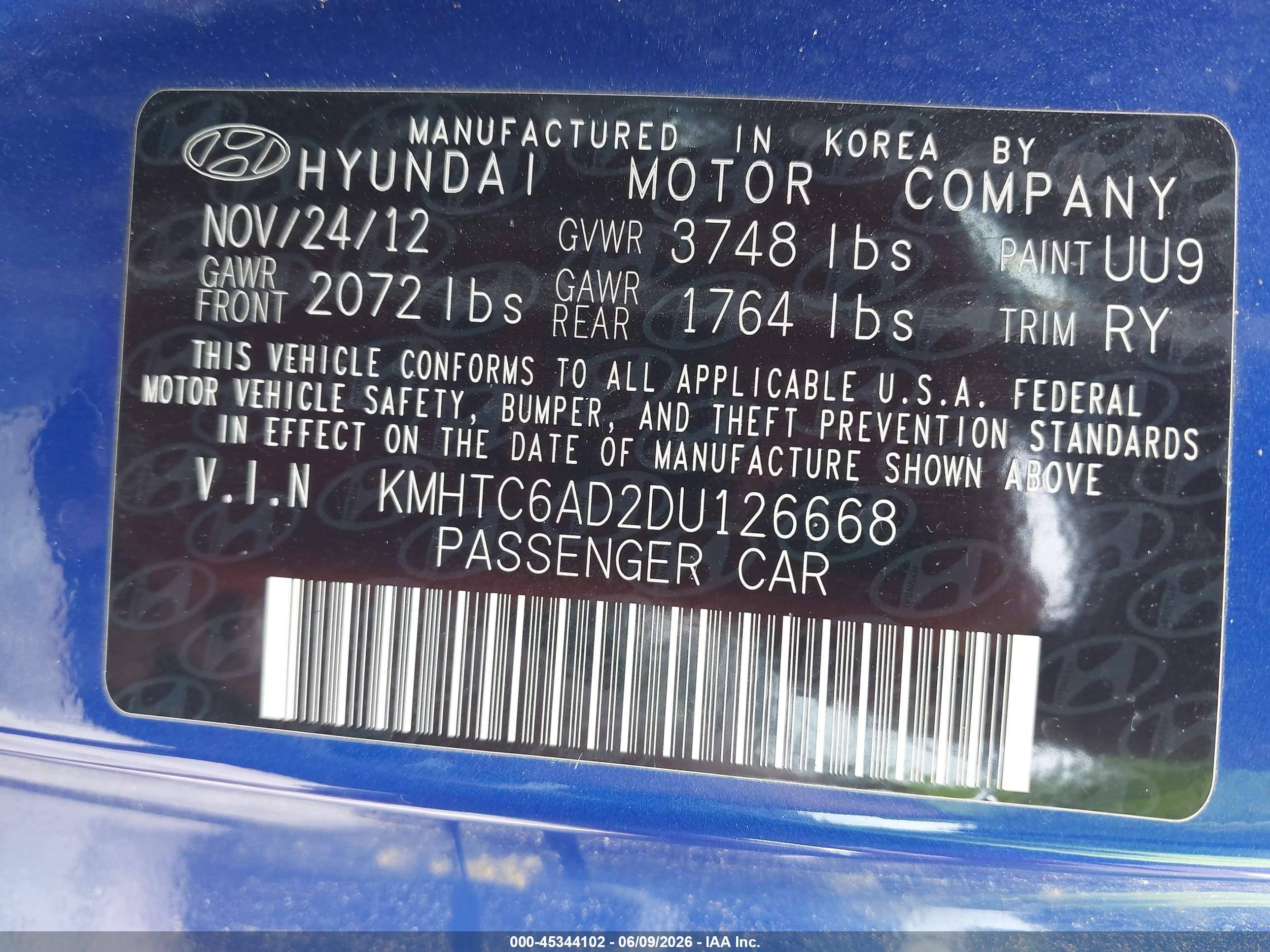 2013 Hyundai Veloster Base W/black Blue vin: KMHTC6AD2DU126668