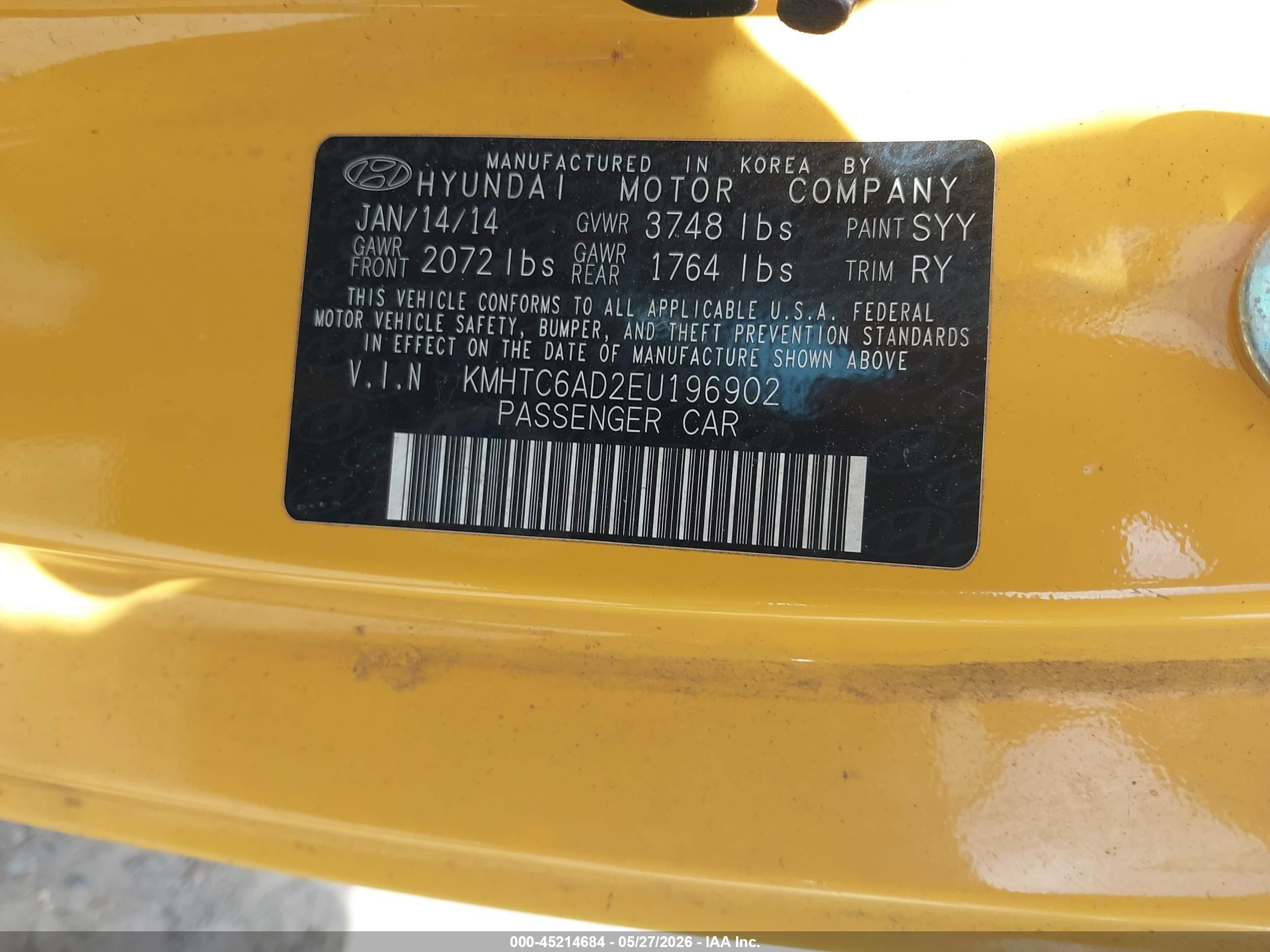 2014 Hyundai Veloster Base W/black Yellow vin: KMHTC6AD2EU196902