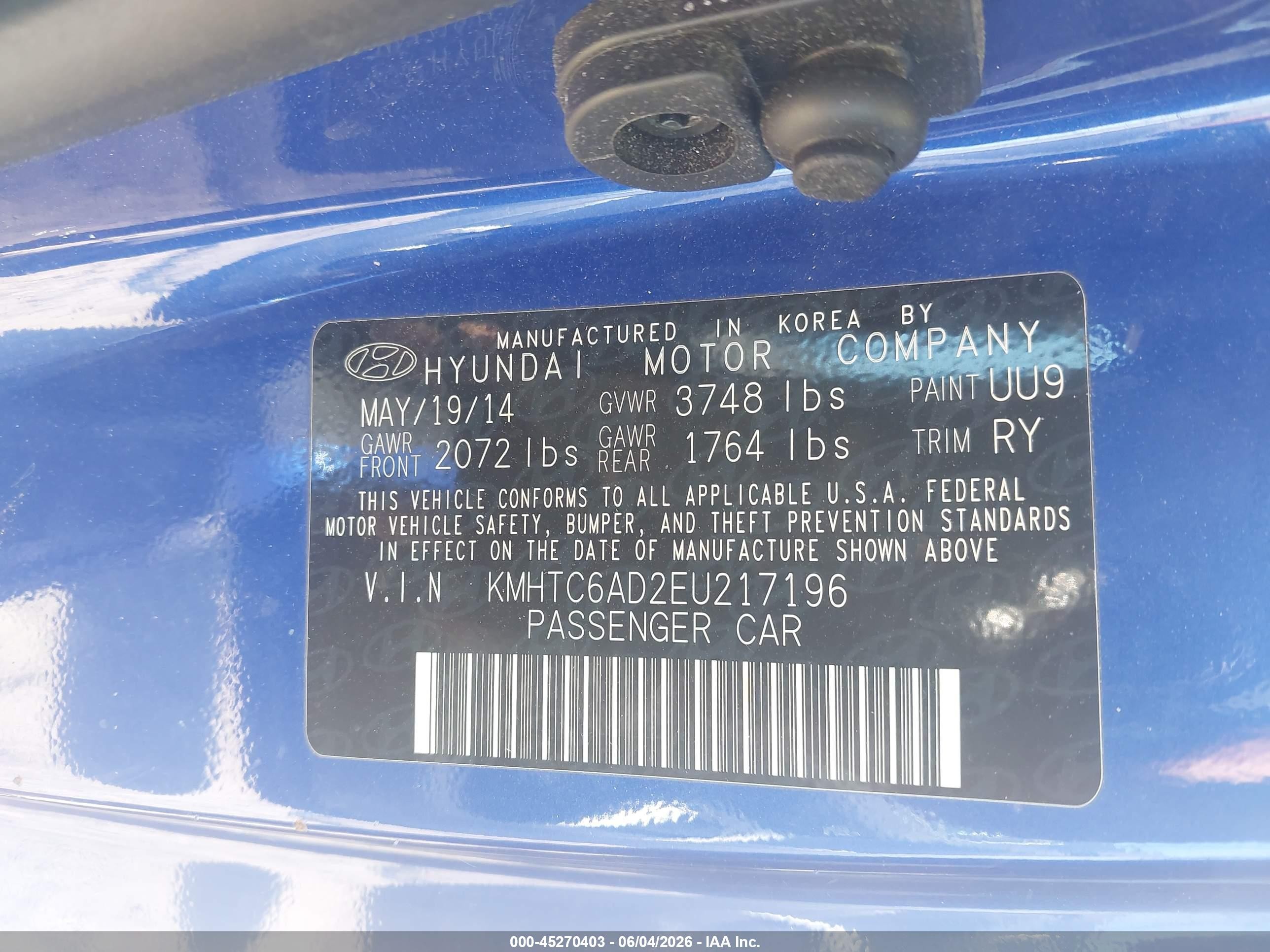 2014 Hyundai Veloster Base W/black Blue vin: KMHTC6AD2EU217196