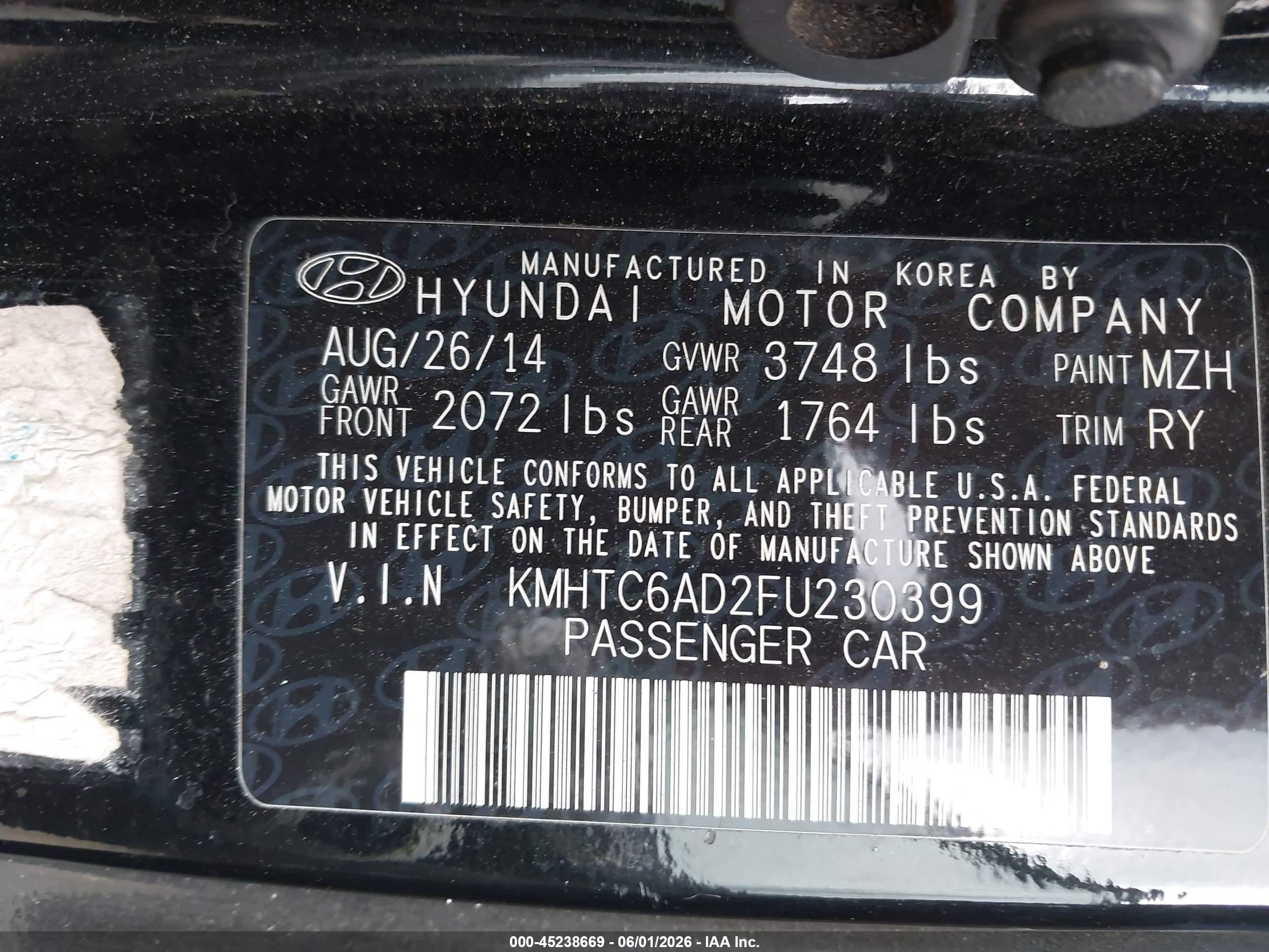 2015 Hyundai Veloster   Black vin: KMHTC6AD2FU230399