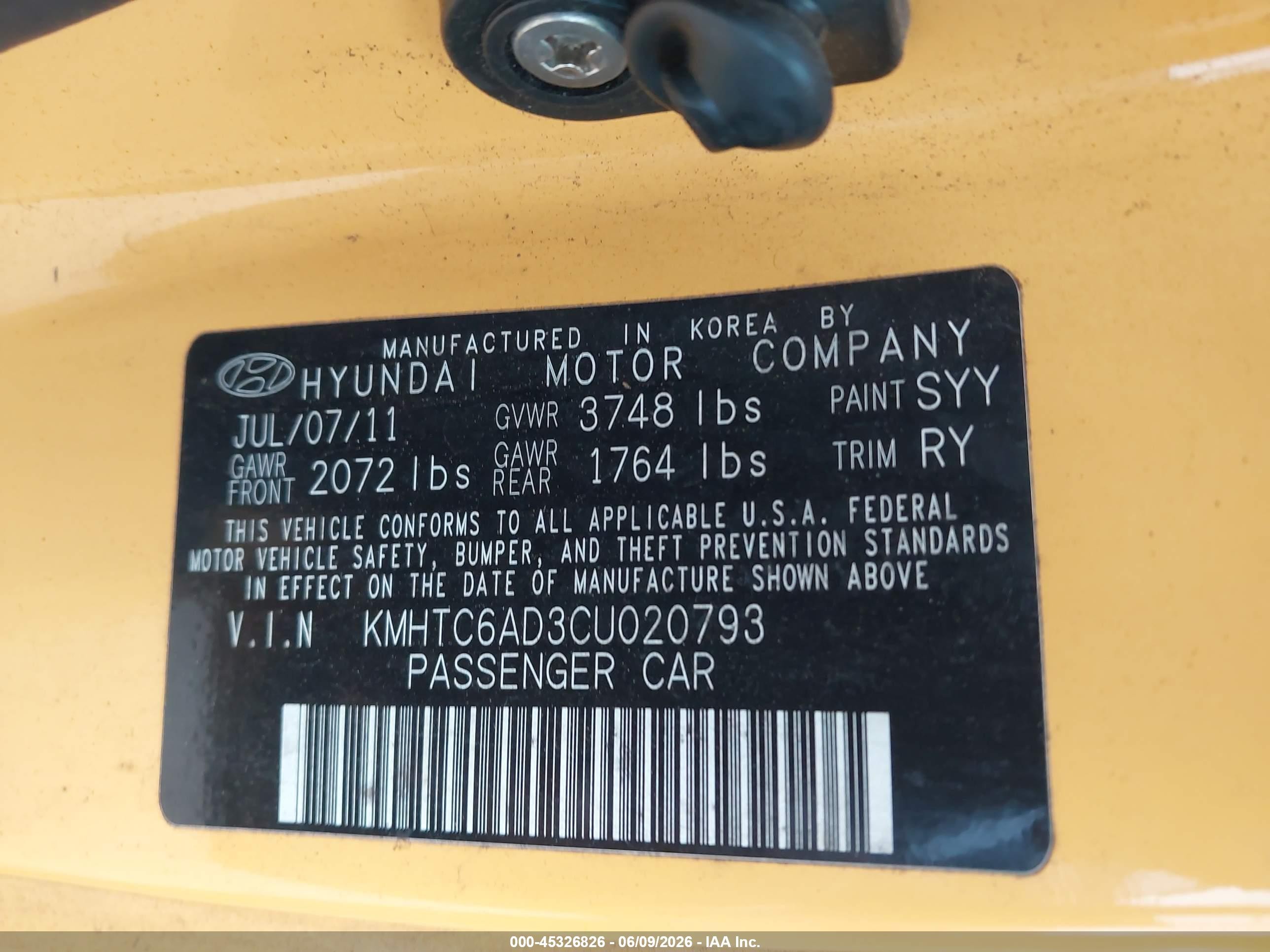 2012 Hyundai Veloster Base W/black Yellow vin: KMHTC6AD3CU020793