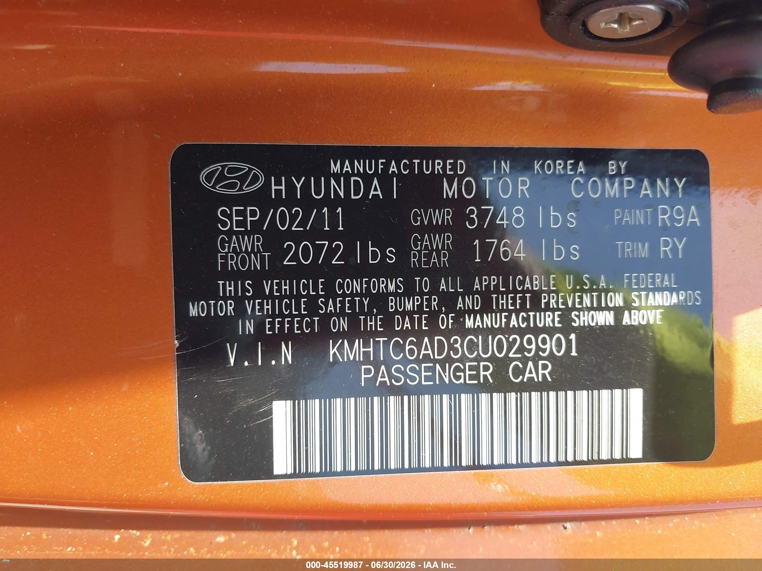 2012 Hyundai Veloster Base W/black Orange vin: KMHTC6AD3CU029901