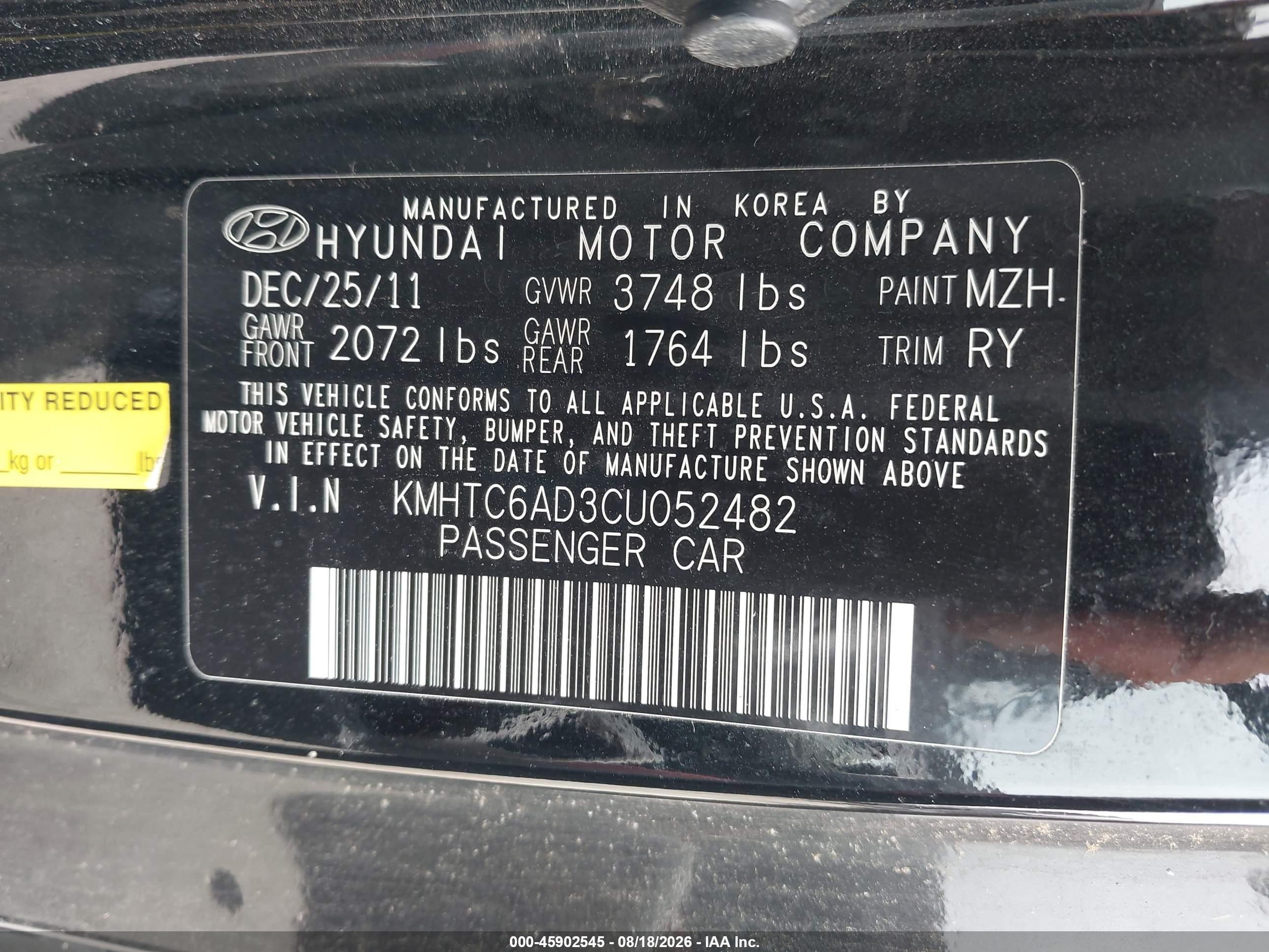 2012 Hyundai Veloster Base W/red/black Black vin: KMHTC6AD3CU052482
