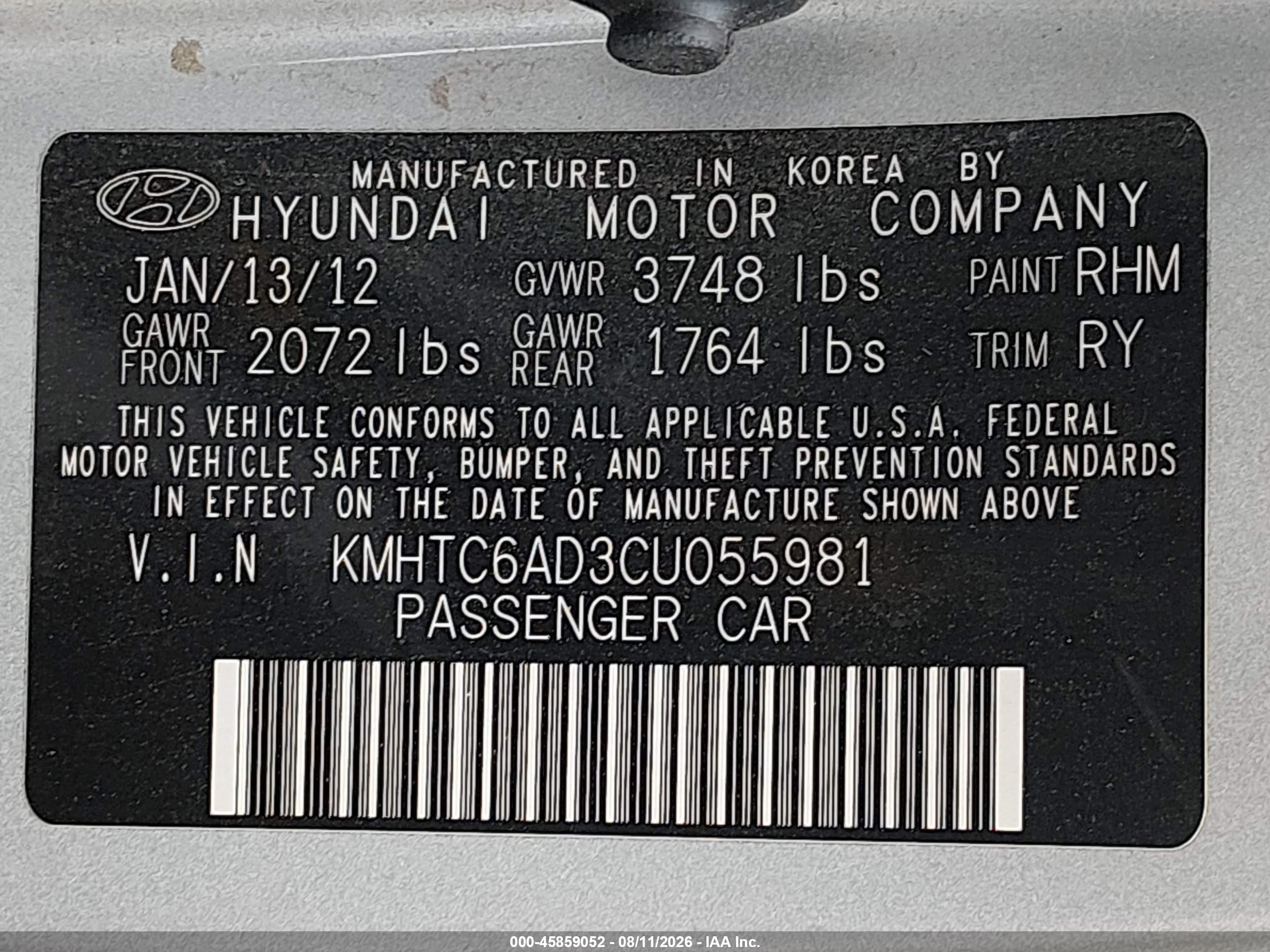 2012 Hyundai Veloster Base W/black Silver vin: KMHTC6AD3CU055981