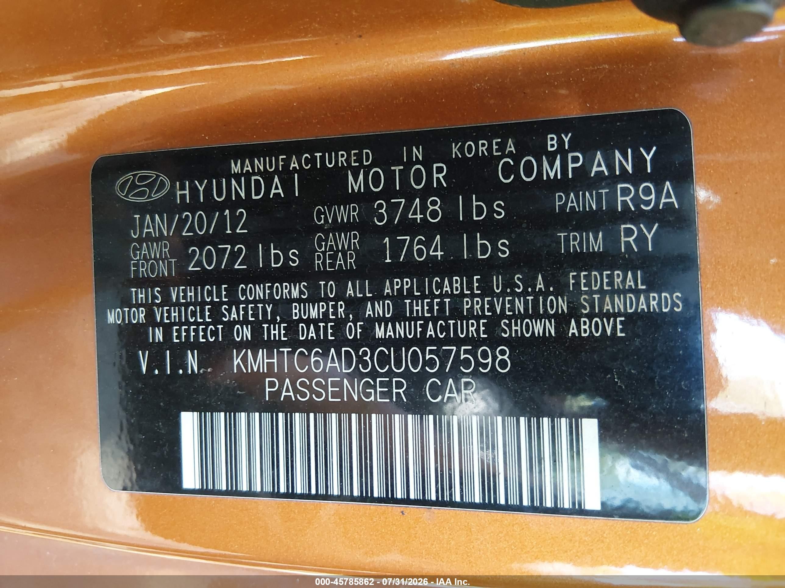 2012 Hyundai Veloster Base W/black Orange vin: KMHTC6AD3CU057598