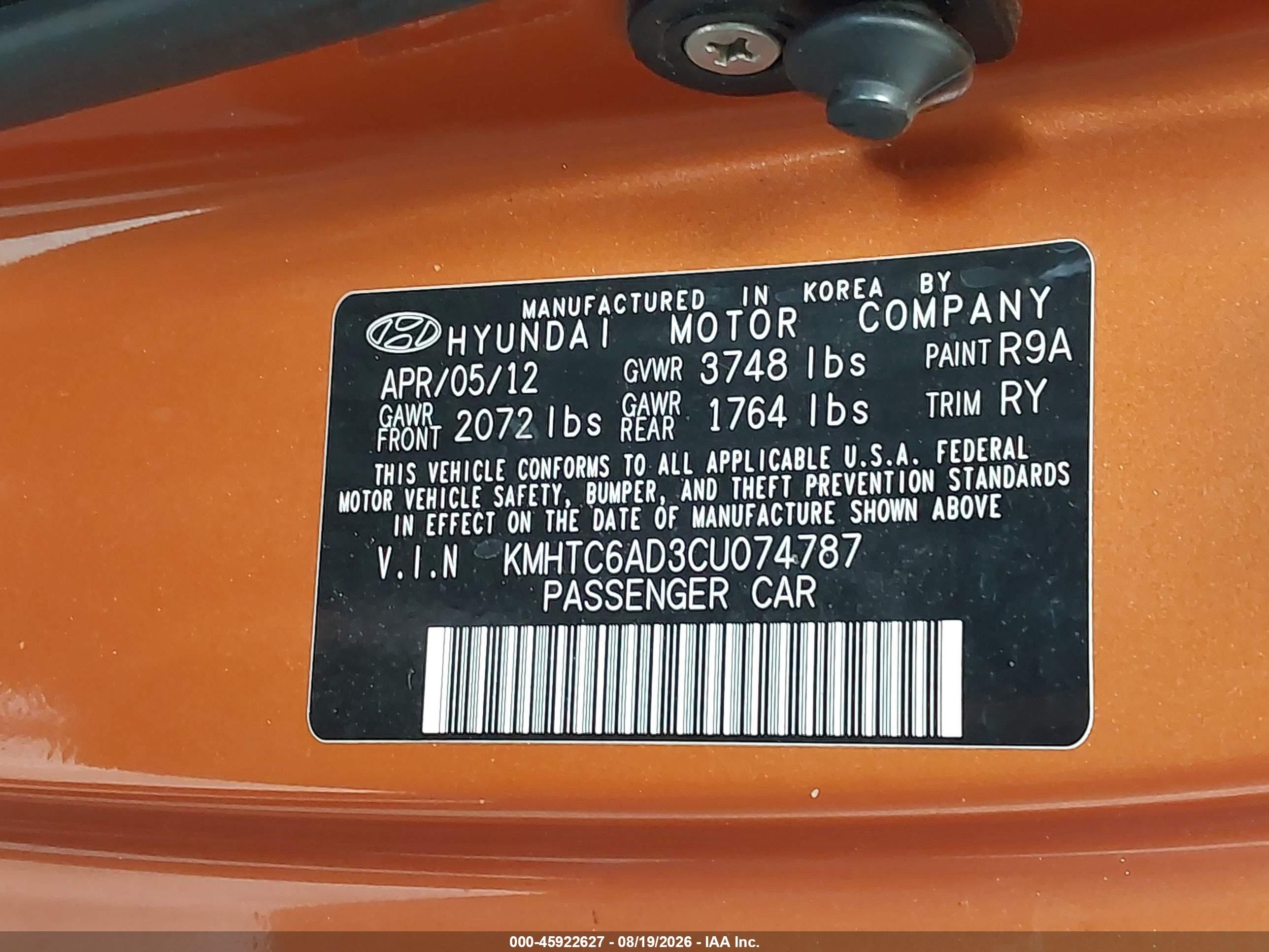 2012 Hyundai Veloster Base W/black Orange vin: KMHTC6AD3CU074787