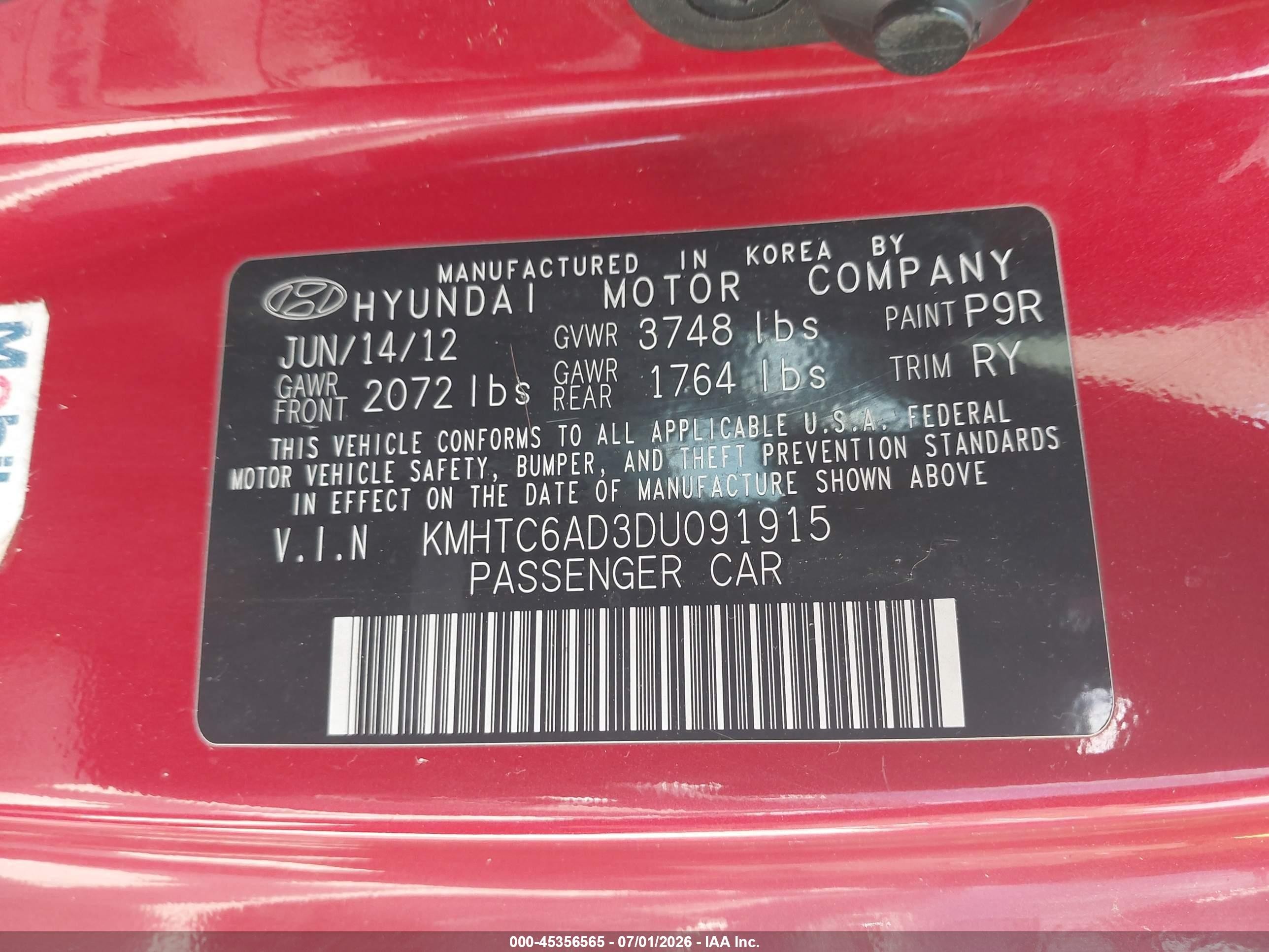 2013 Hyundai Veloster Base W/gray Red vin: KMHTC6AD3DU091915