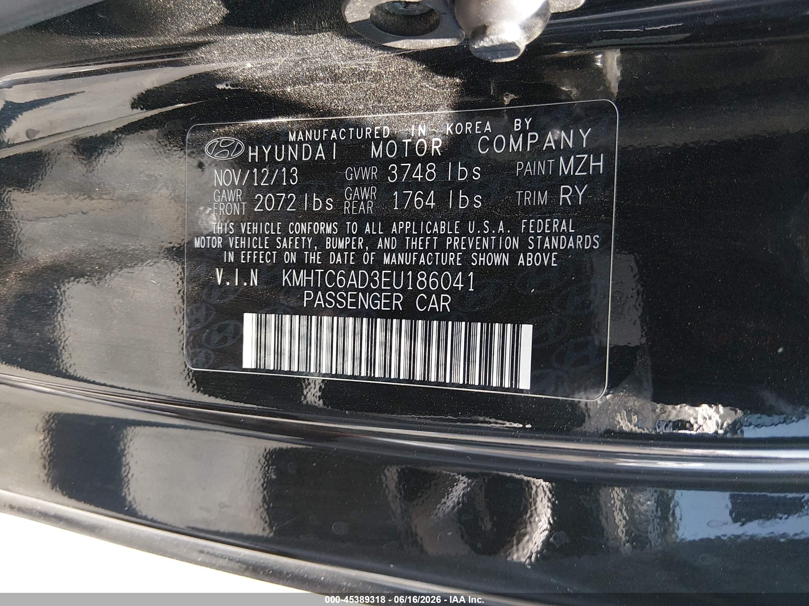 2014 Hyundai Veloster Base W/black Black vin: KMHTC6AD3EU186041