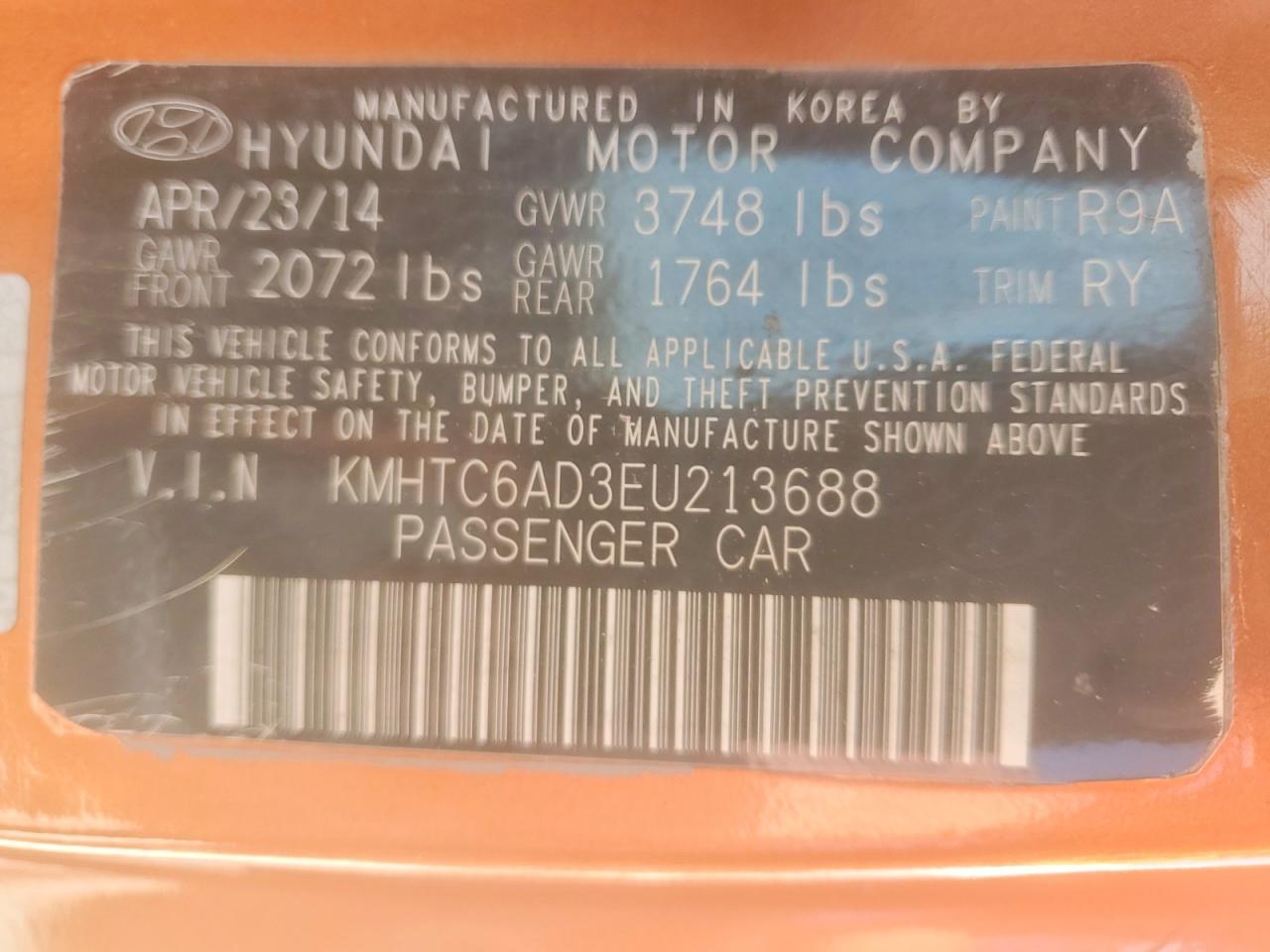 2014 Hyundai Veloster Re:flex Orange vin: KMHTC6AD3EU213688