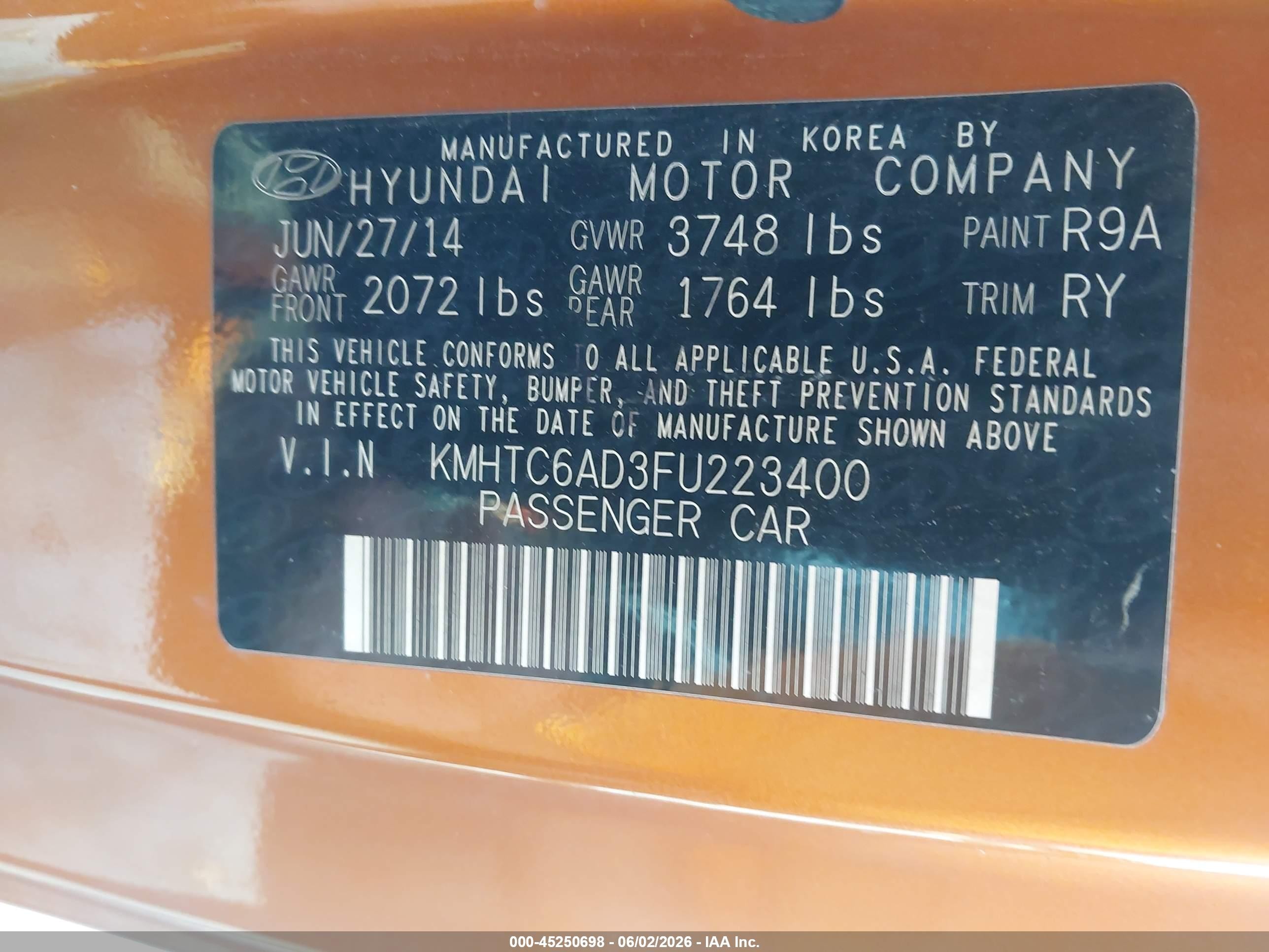 2015 Hyundai Veloster Flex Orange vin: KMHTC6AD3FU223400