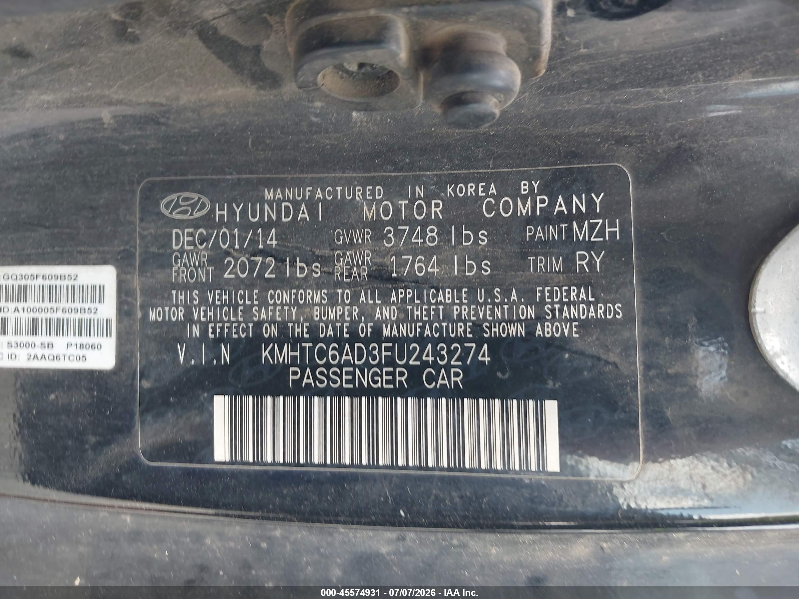 2015 Hyundai Veloster   Черный vin: KMHTC6AD3FU243274