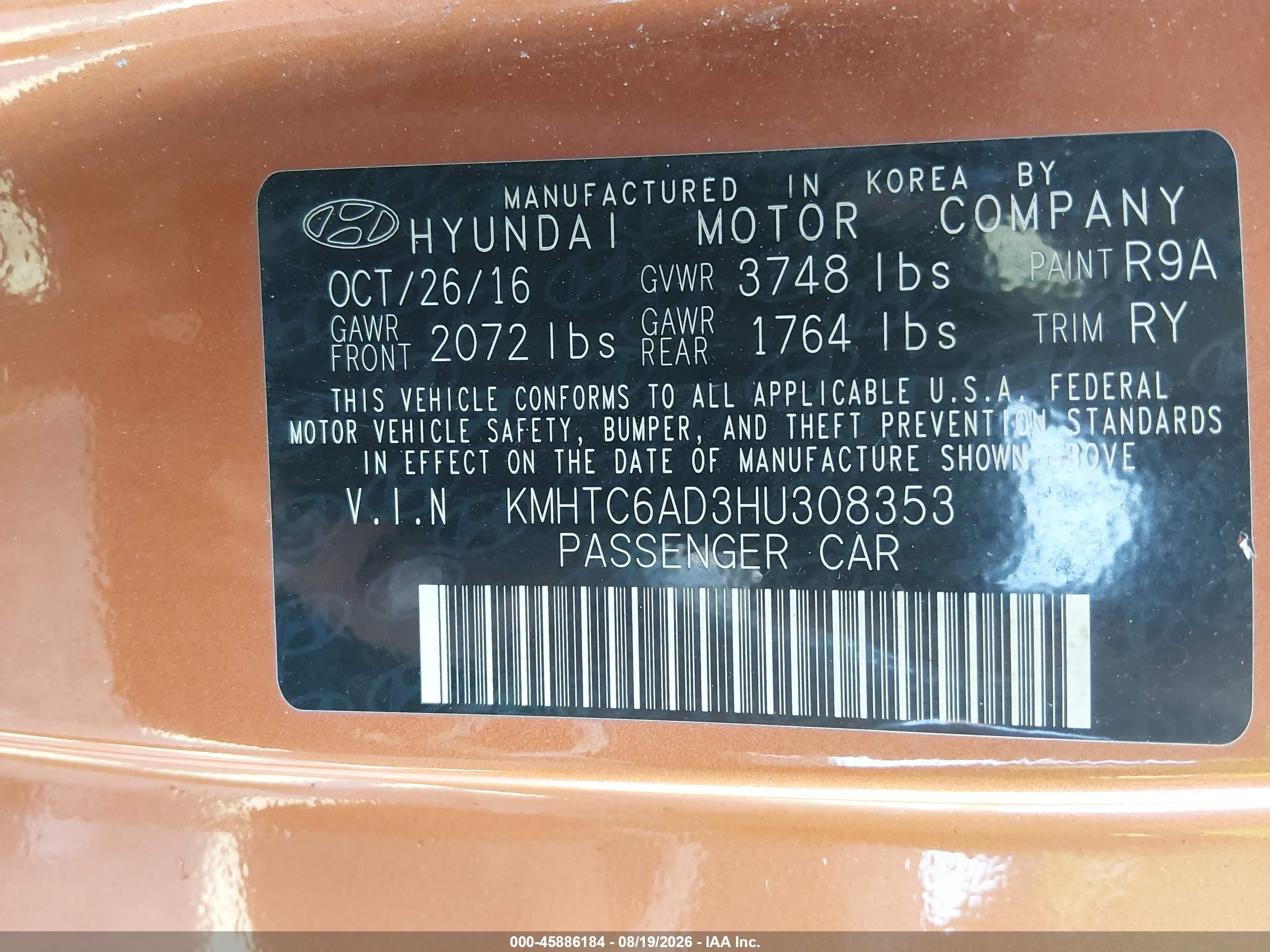 2017 Hyundai Veloster   Orange vin: KMHTC6AD3HU308353