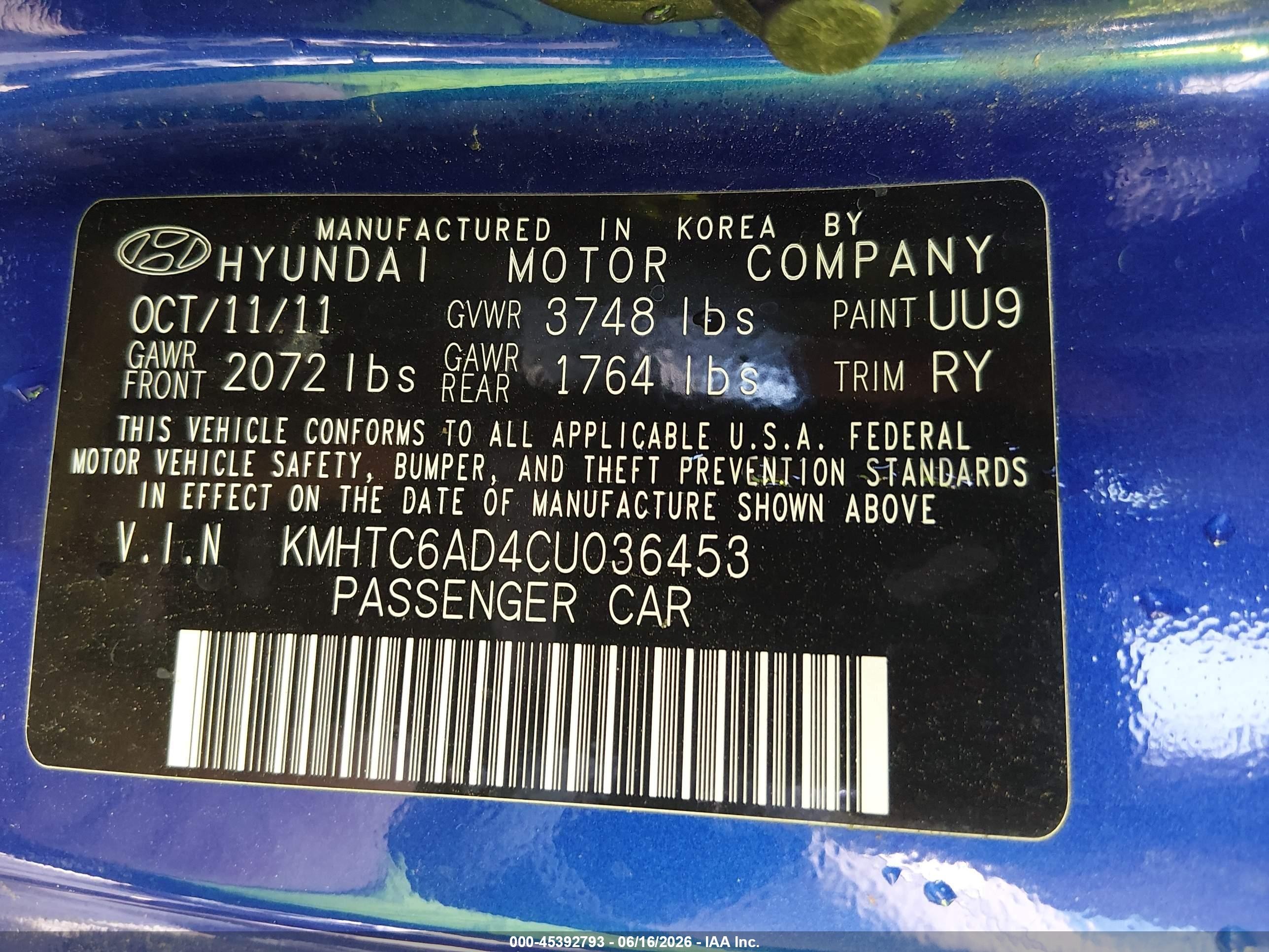 2012 Hyundai Veloster Base W/black Blue vin: KMHTC6AD4CU036453