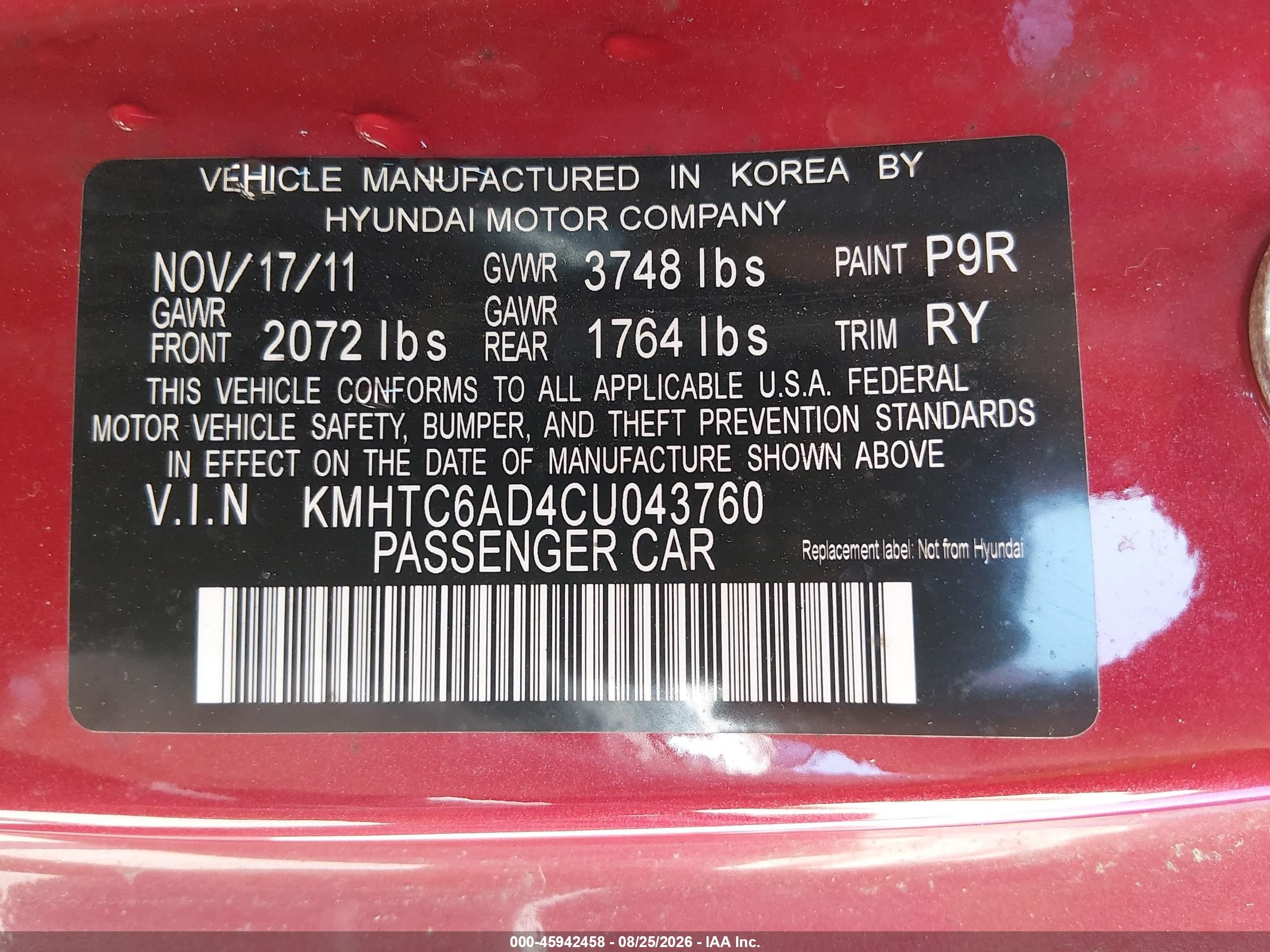 2012 Hyundai Veloster Base W/gray Red vin: KMHTC6AD4CU043760
