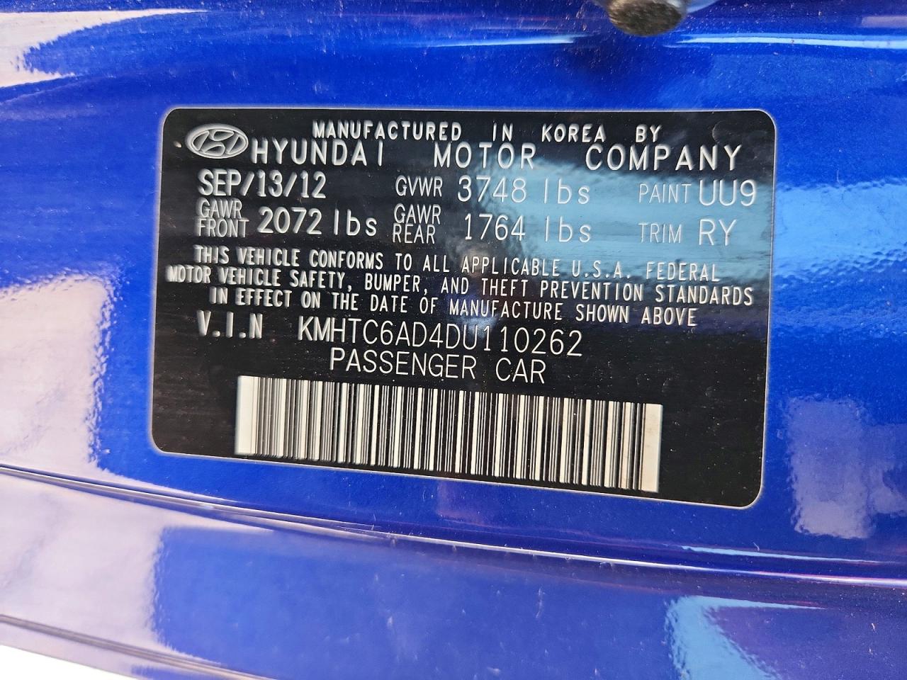 2013 Hyundai Veloster Base Blue vin: KMHTC6AD4DU110262