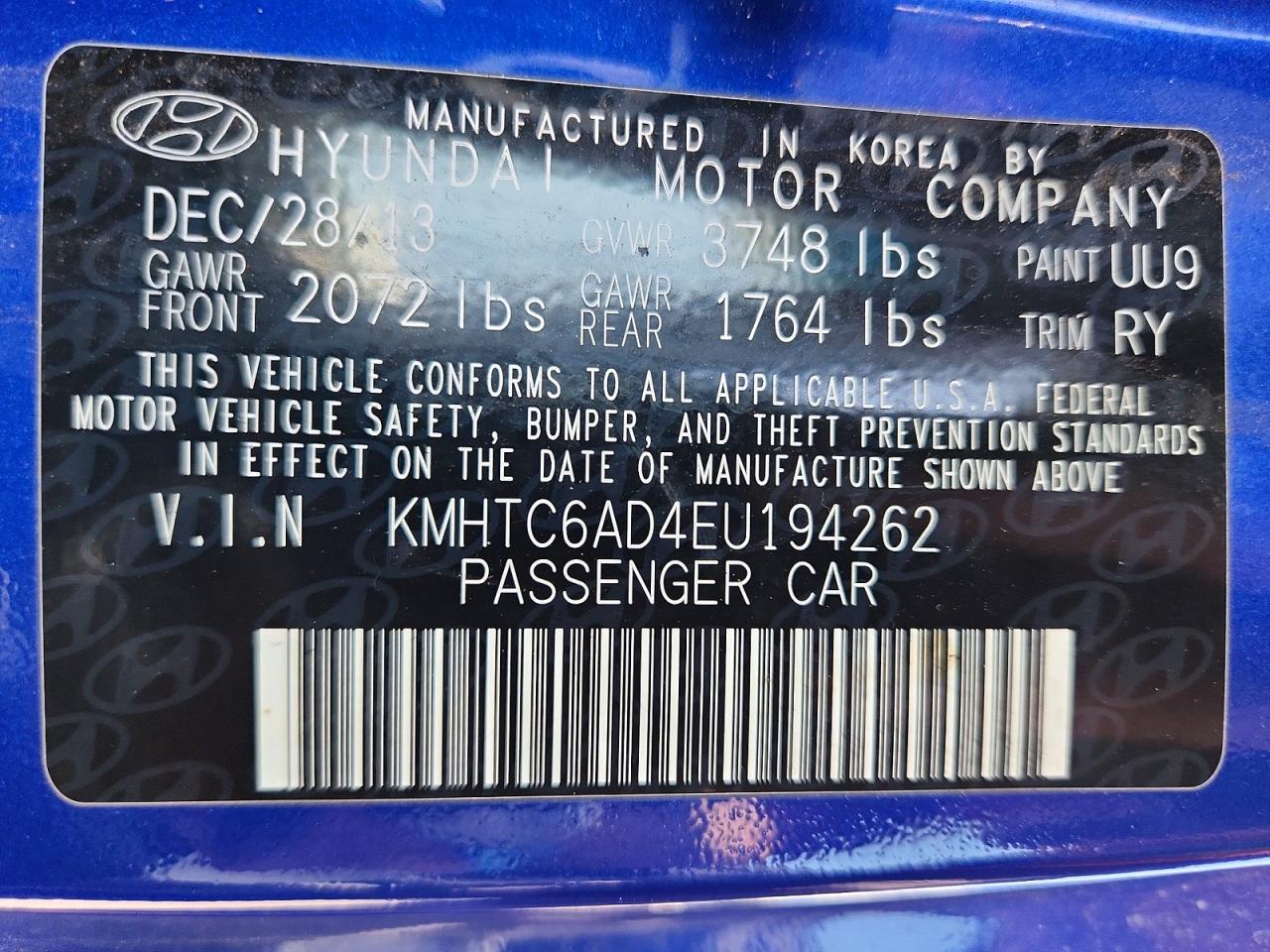 2014 Hyundai Veloster Gls(1.6 Std, Style, Tech Blue vin: KMHTC6AD4EU194262