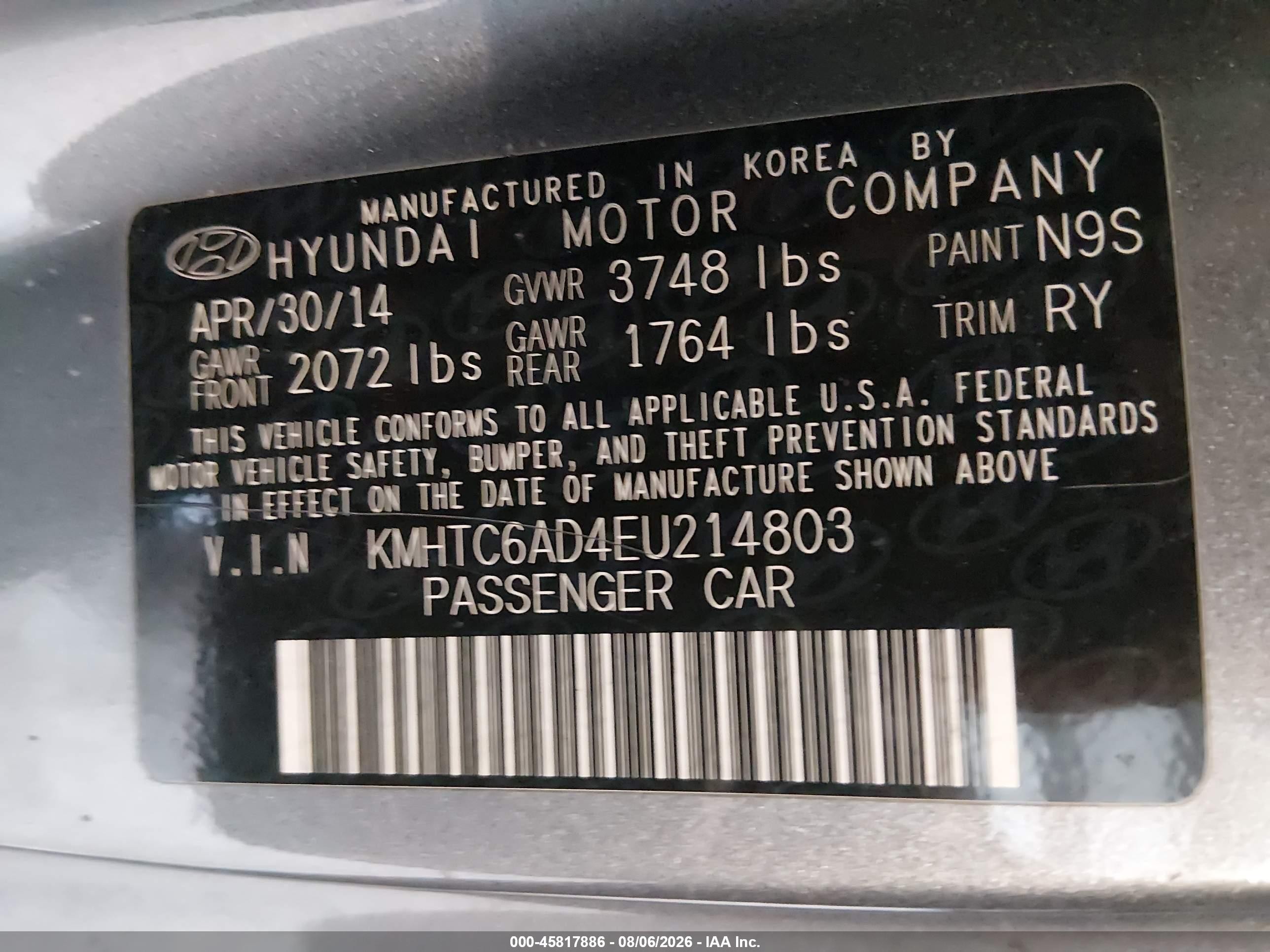 2014 Hyundai Veloster Base W/black Gray vin: KMHTC6AD4EU214803