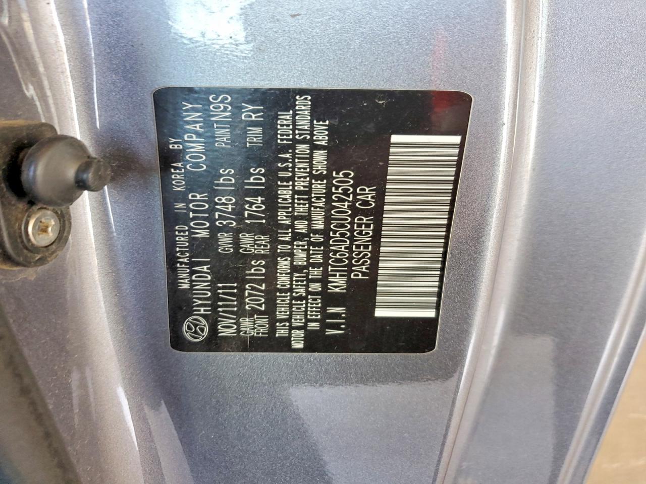 2012 Hyundai Veloster Base Charcoal vin: KMHTC6AD5CU042505